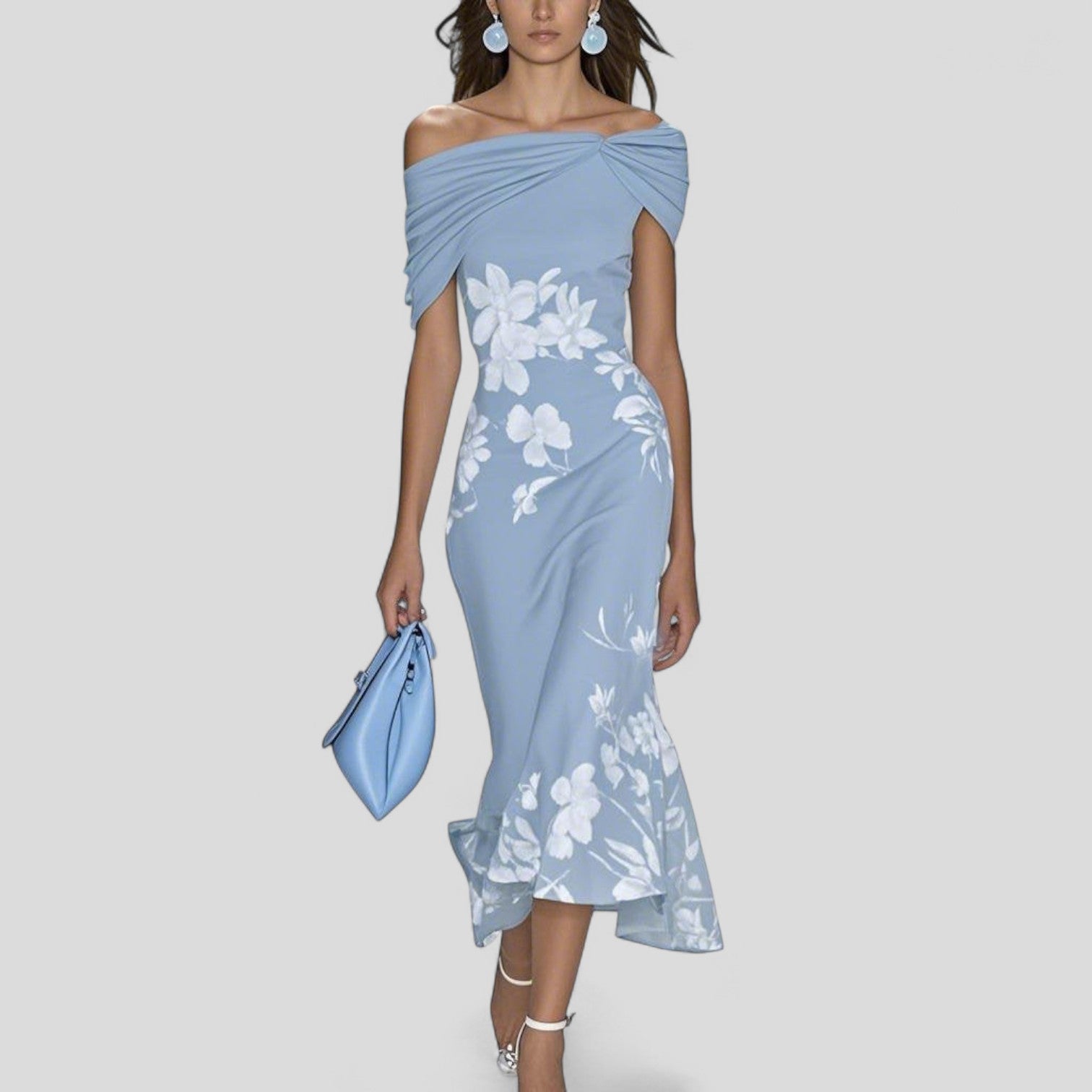 Women's Floral Off-Shoulder Bodycon Midi Dress with Trumpet Hem