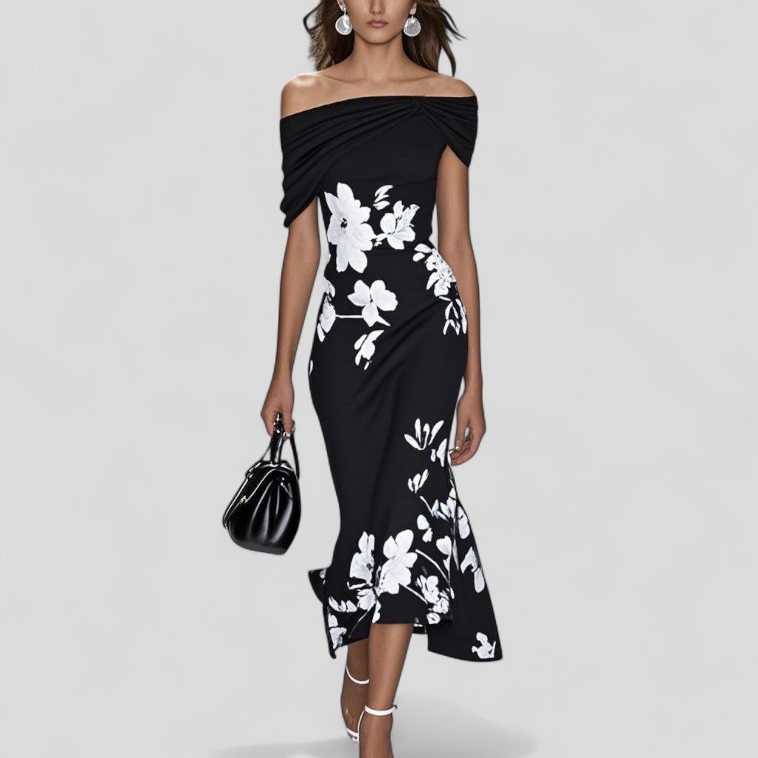 Women's Floral Off-Shoulder Bodycon Midi Dress with Trumpet Hem