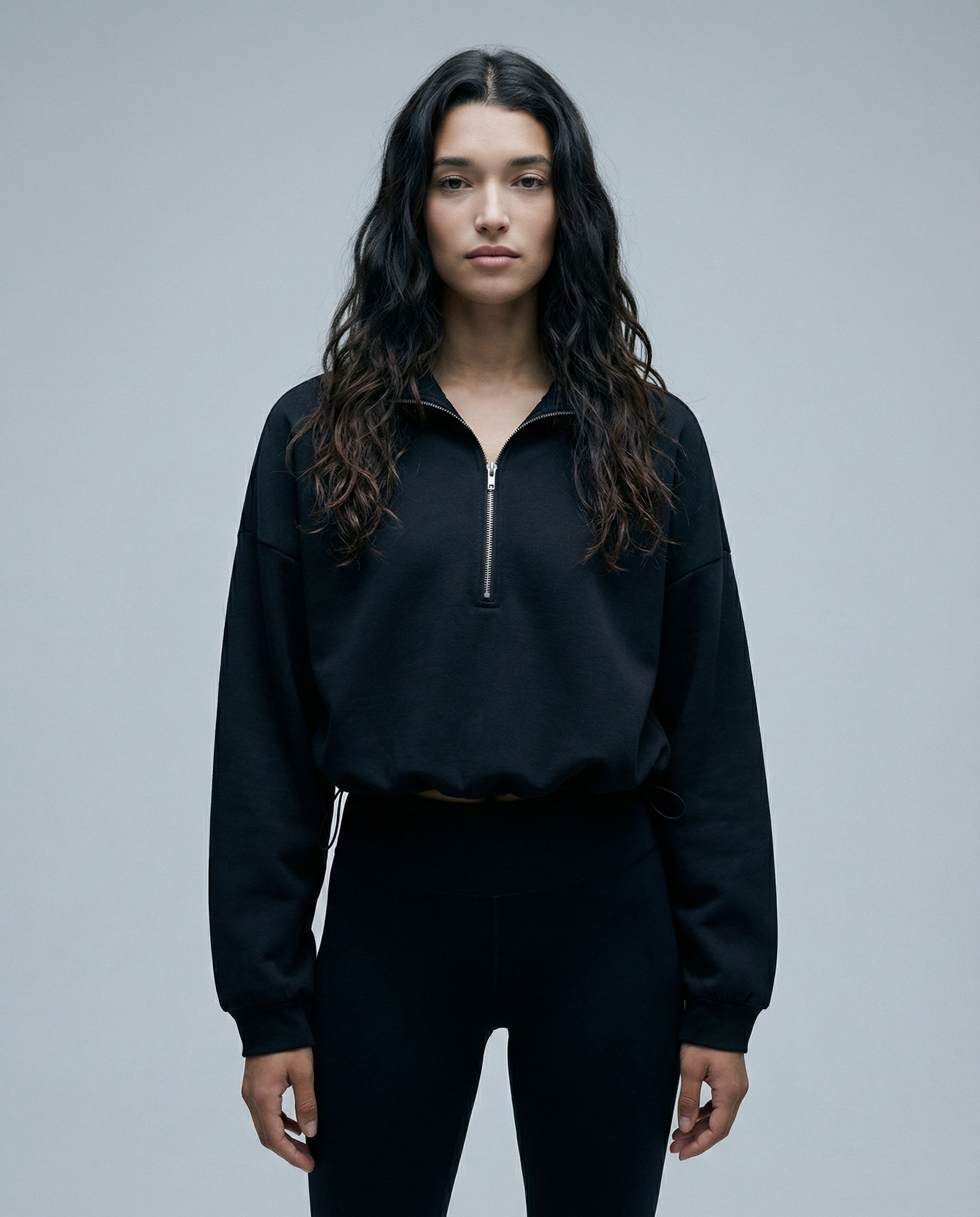 Women's Half-Zip Cropped Sweatshirt – Adjustable Toggle Funnel Neck Jumper — back view
