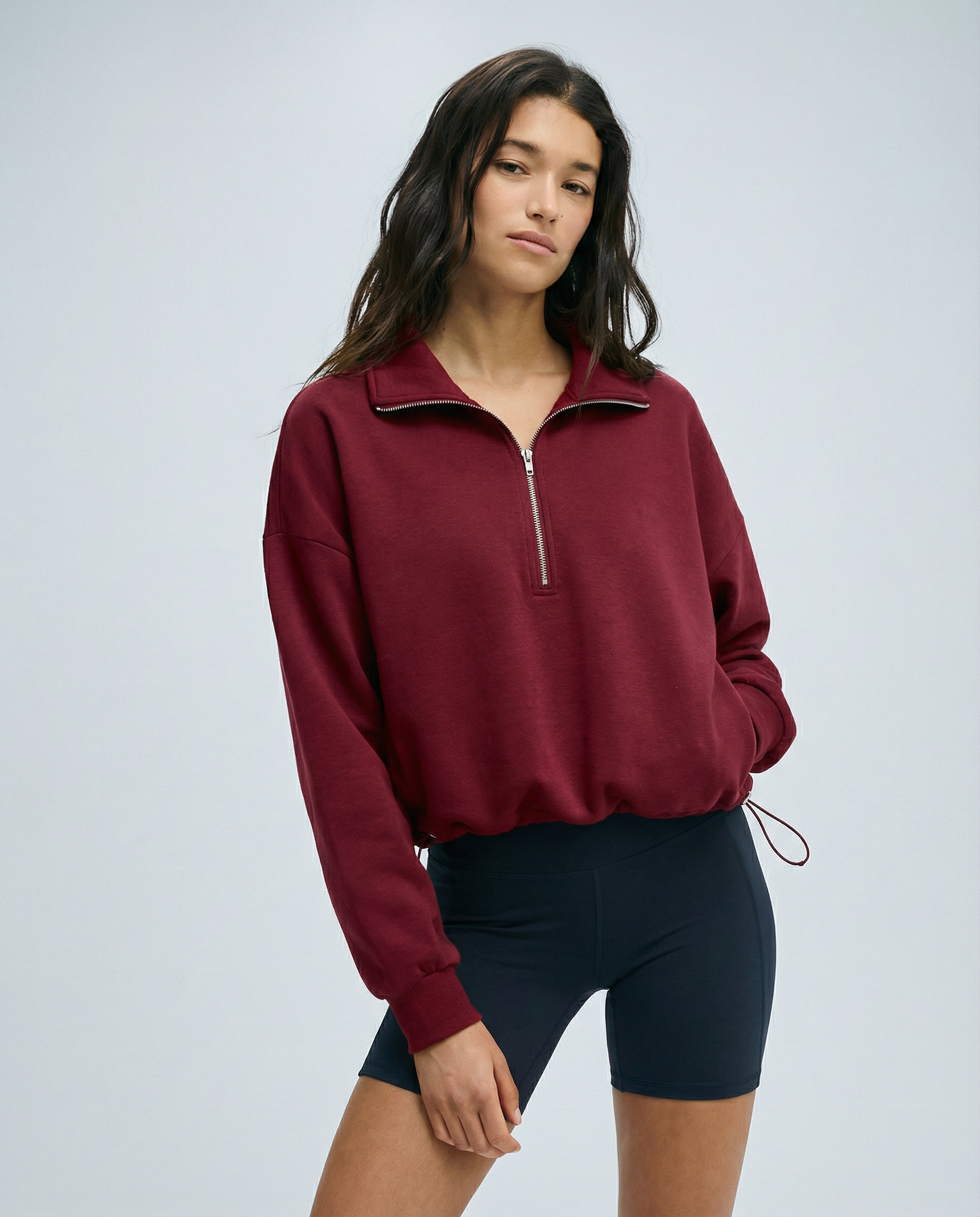 Women's Half-Zip Cropped Sweatshirt – Adjustable Toggle Funnel Neck Jumper — detail view