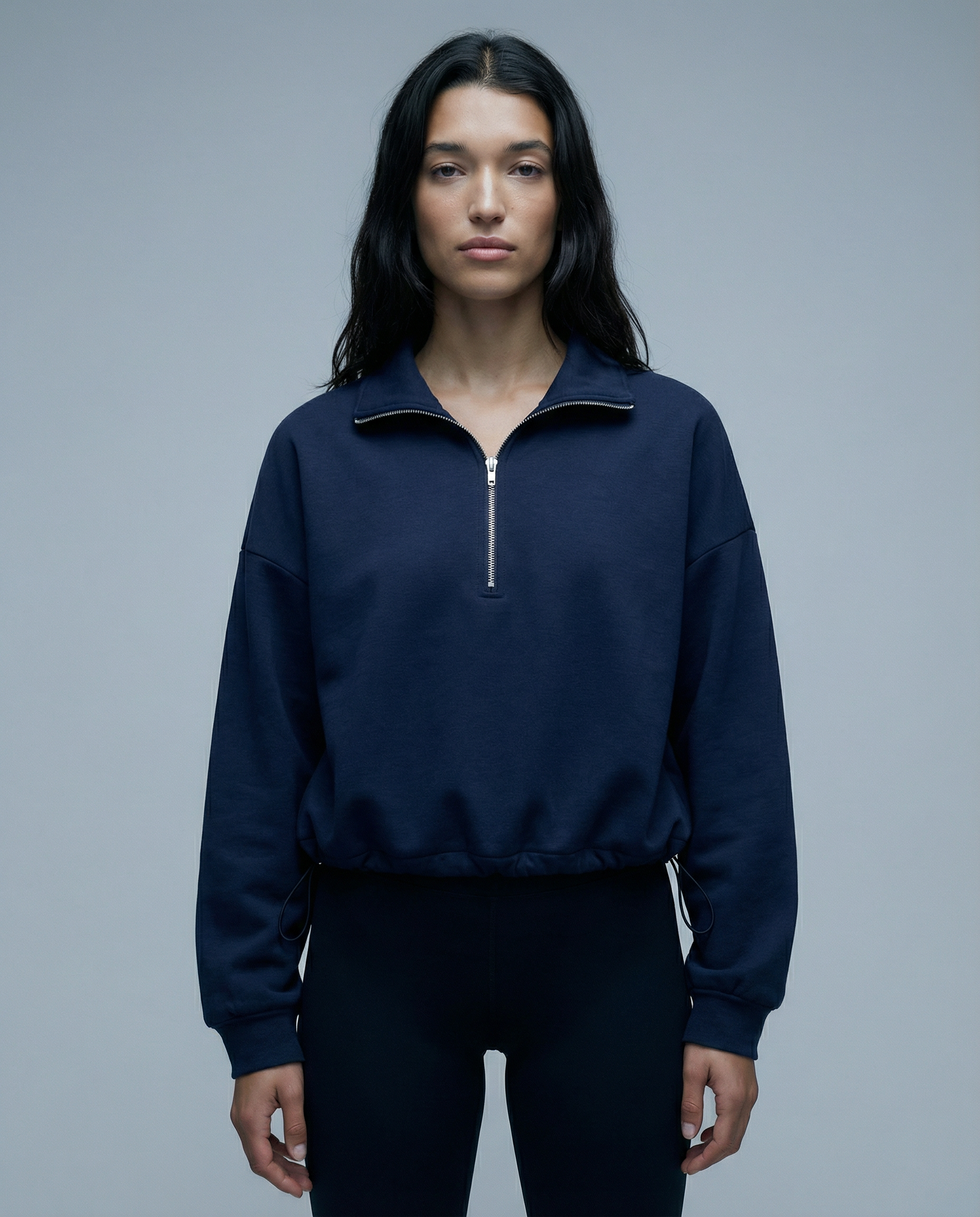 Women's Half-Zip Cropped Sweatshirt – Adjustable Toggle Funnel Neck Jumper — side view
