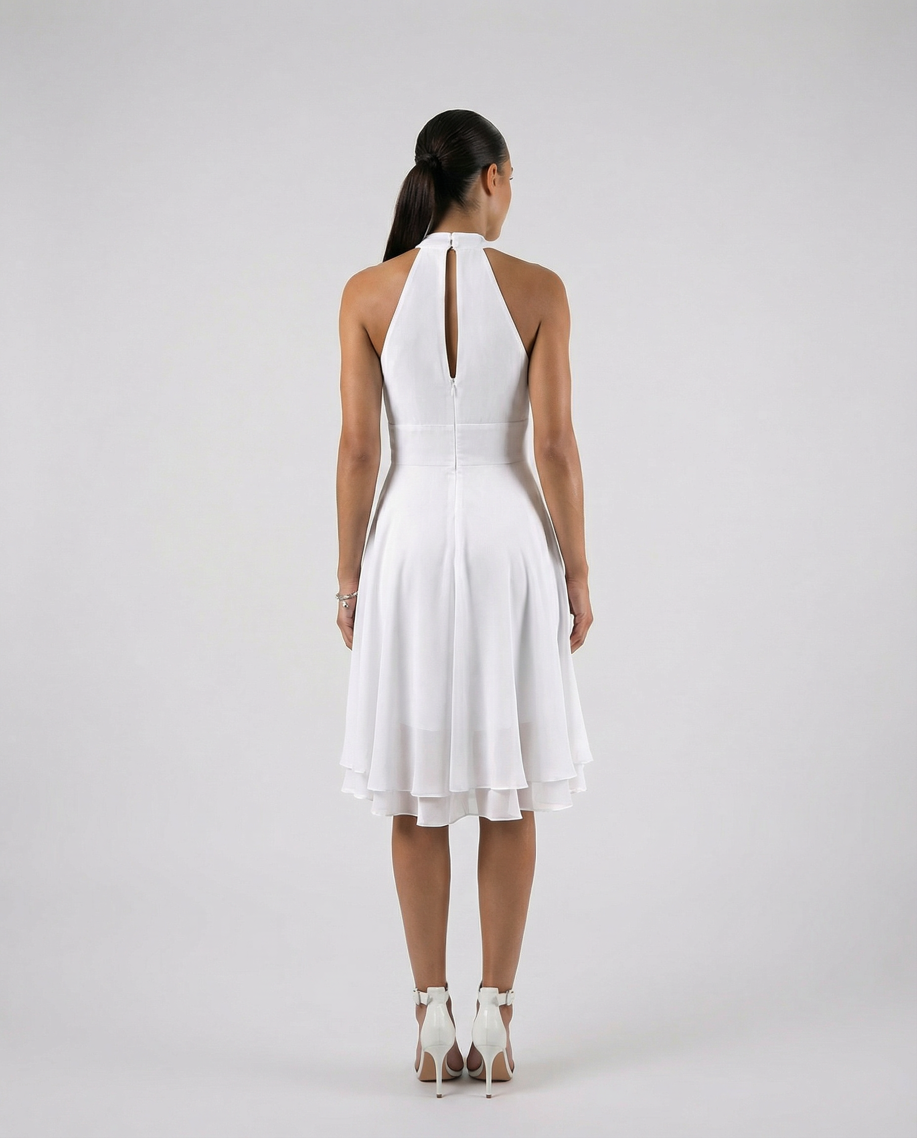 Women's Halter Neck Cocktail Party Midi Dress – Tiered Chiffon Evening Wear — back view
