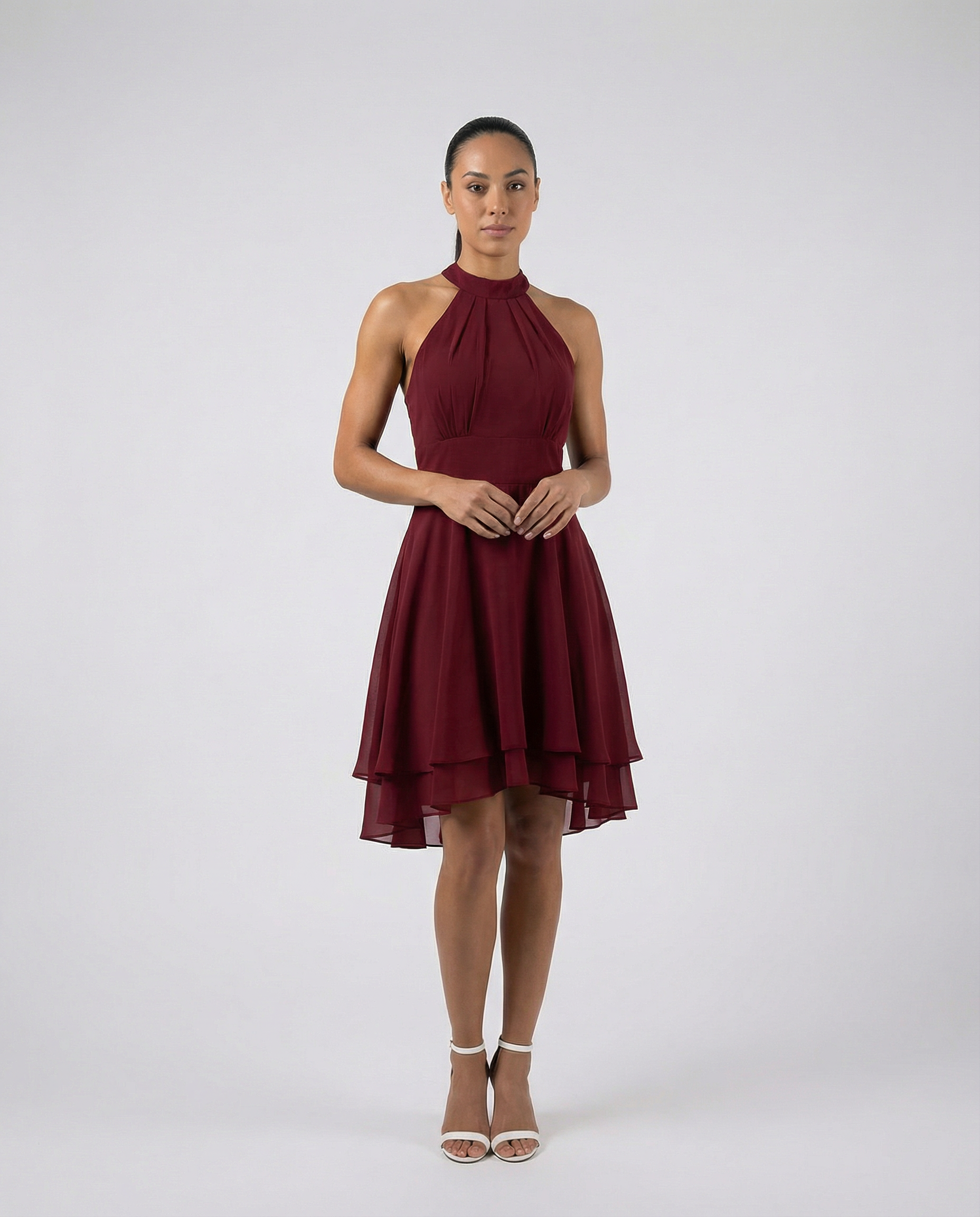 Women's Halter Neck Cocktail Party Midi Dress – Tiered Chiffon Evening Wear — detail view