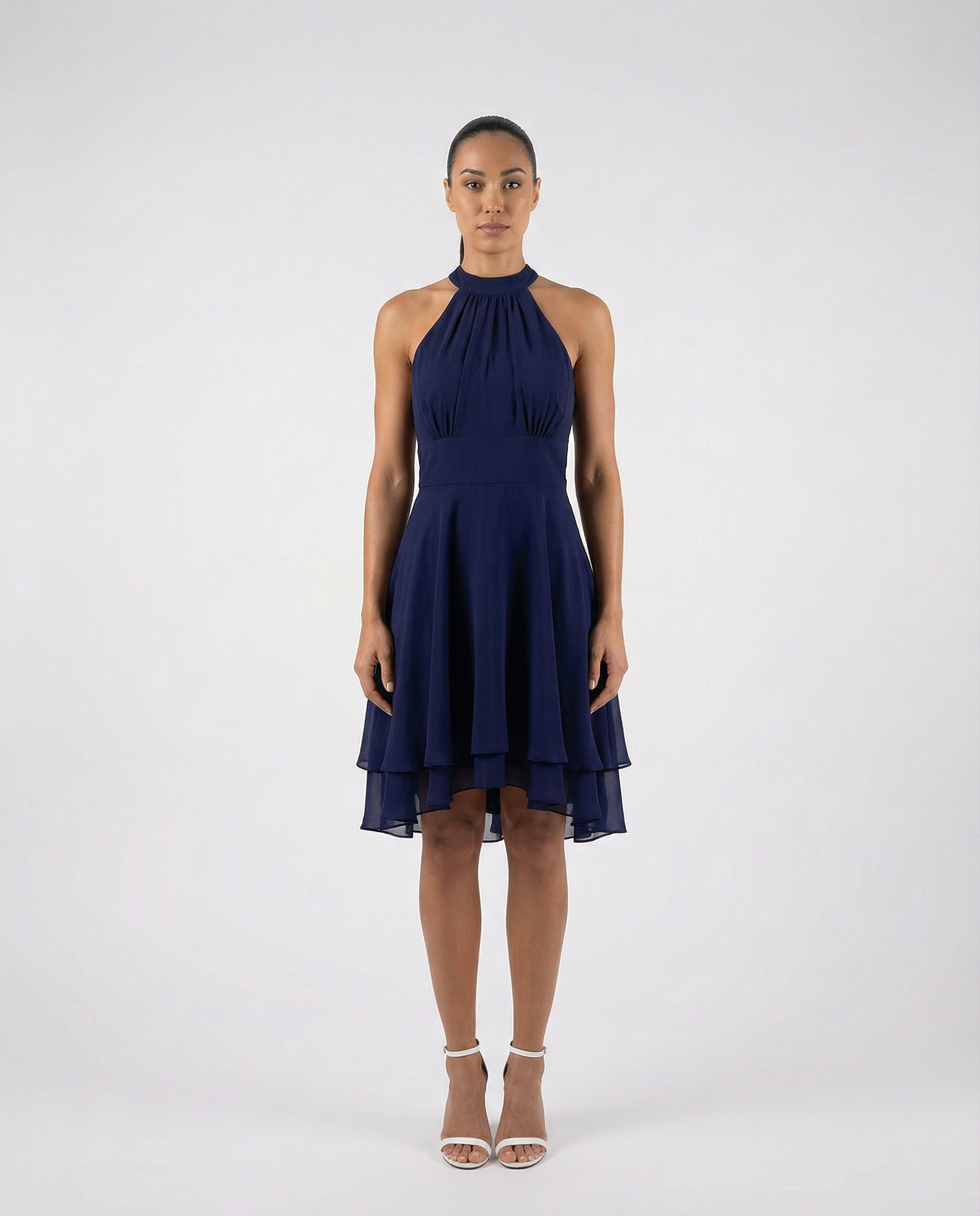Women's Halter Neck Cocktail Party Midi Dress – Tiered Chiffon Evening Wear — model wearing