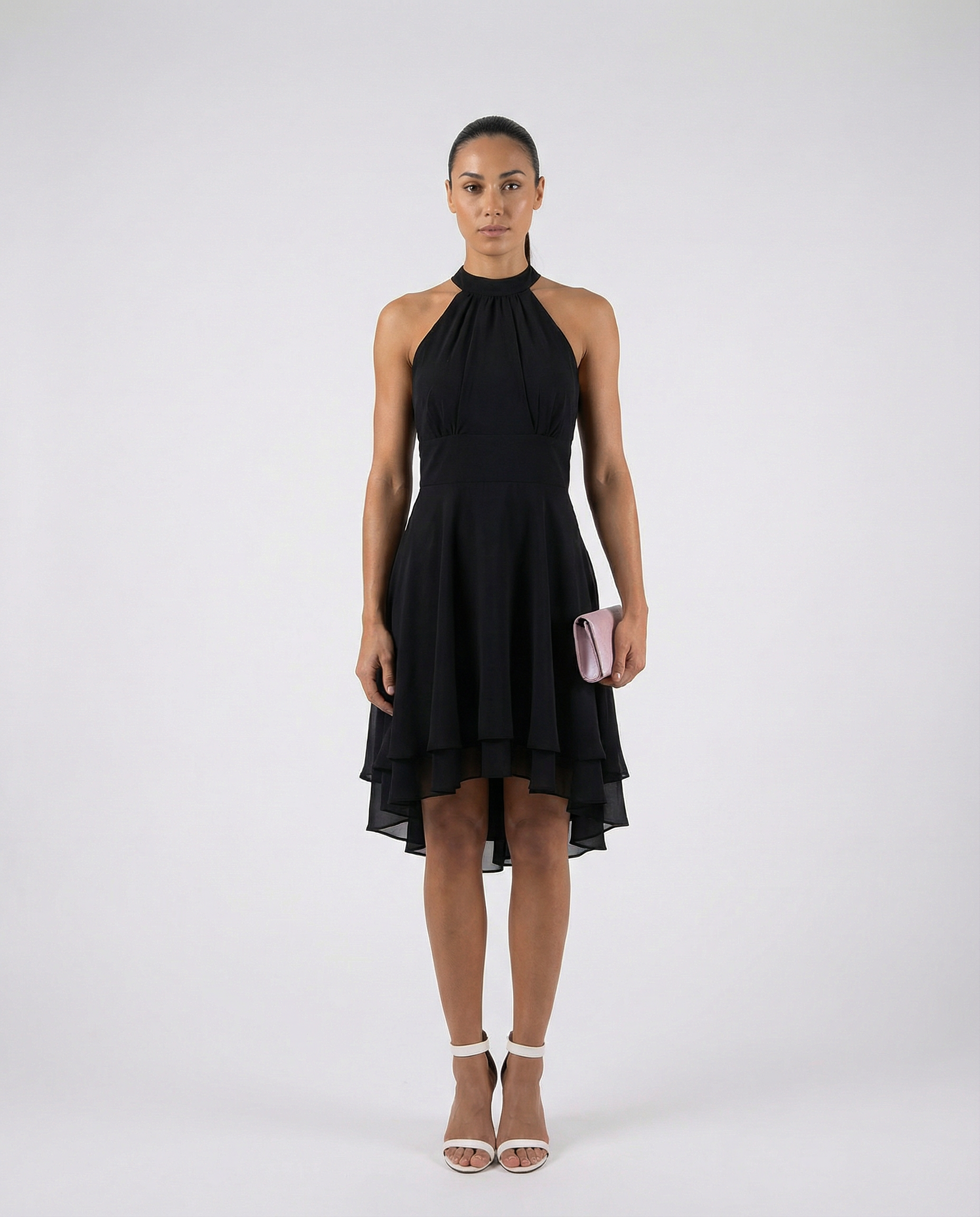 Women's Halter Neck Cocktail Party Midi Dress – Tiered Chiffon Evening Wear — side view