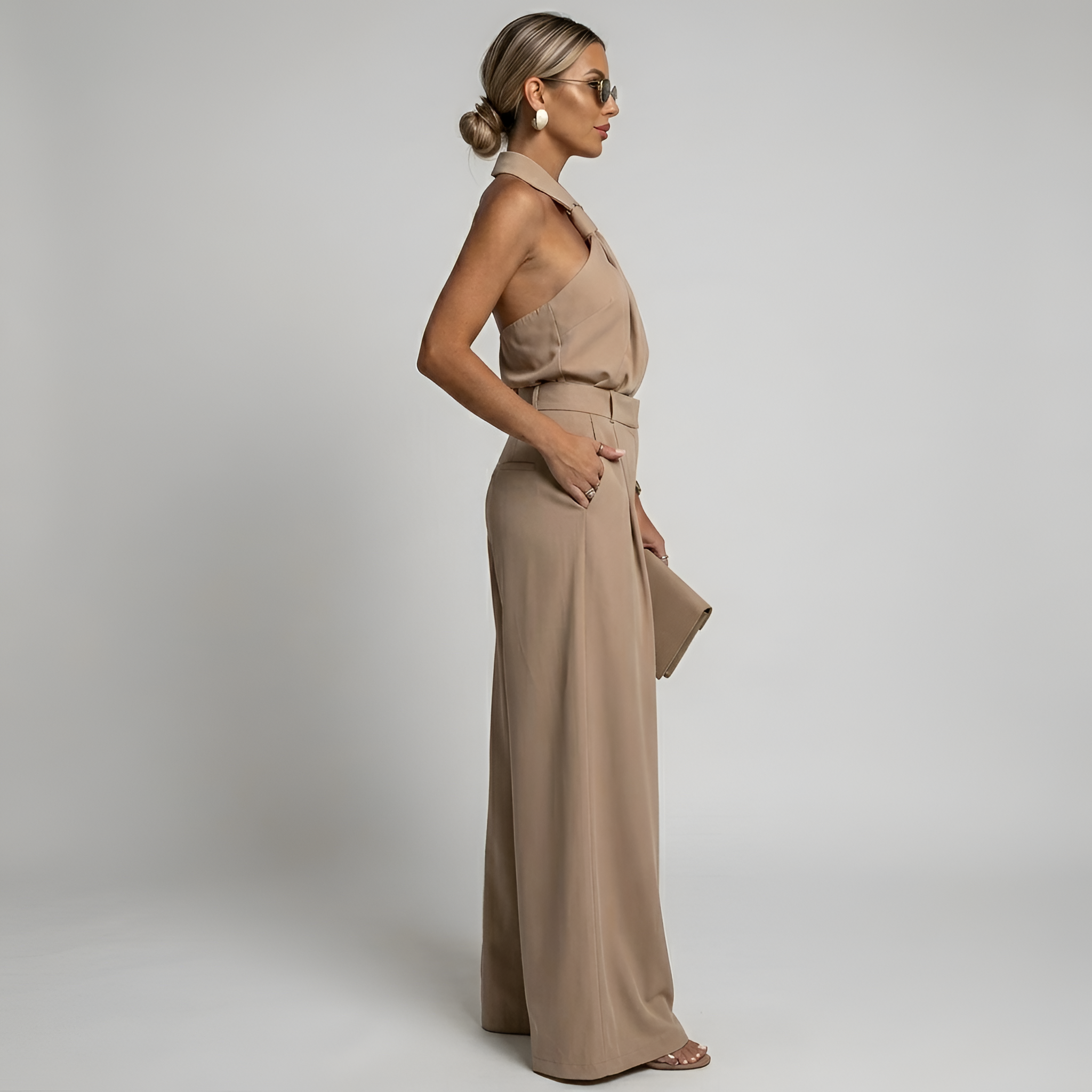 Women's Halter Neck Collared Twist Front Belted Wide Leg Jumpsuit — back view
