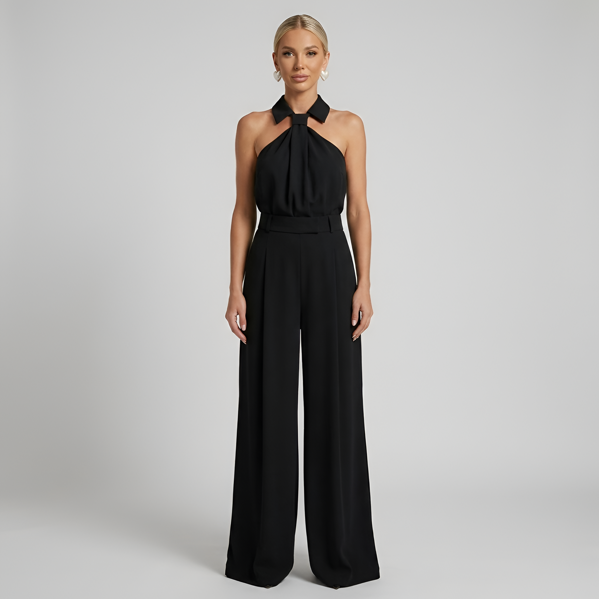 Women's Halter Neck Collared Twist Front Belted Wide Leg Jumpsuit — close-up