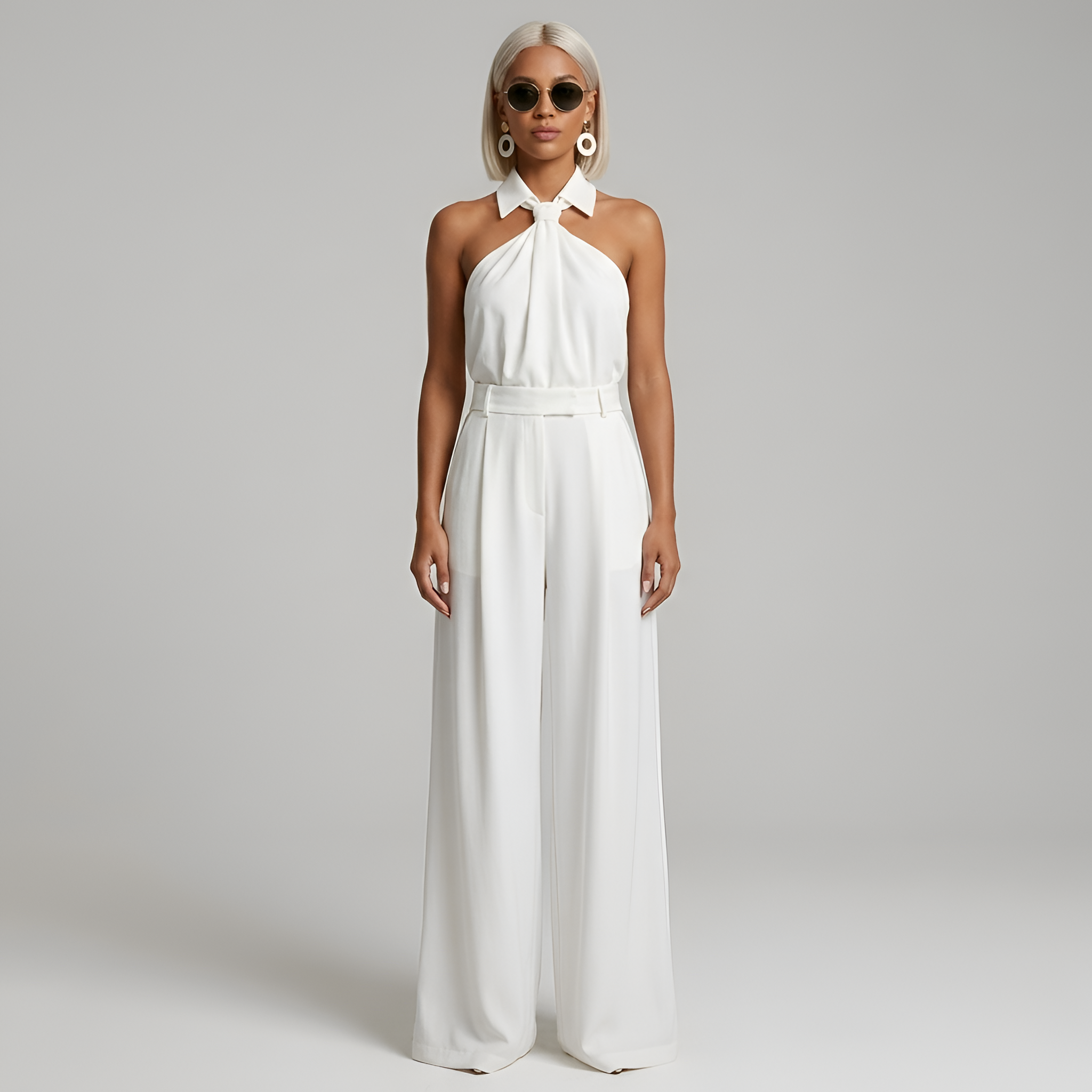Women's Halter Neck Collared Twist Front Belted Wide Leg Jumpsuit — detail view