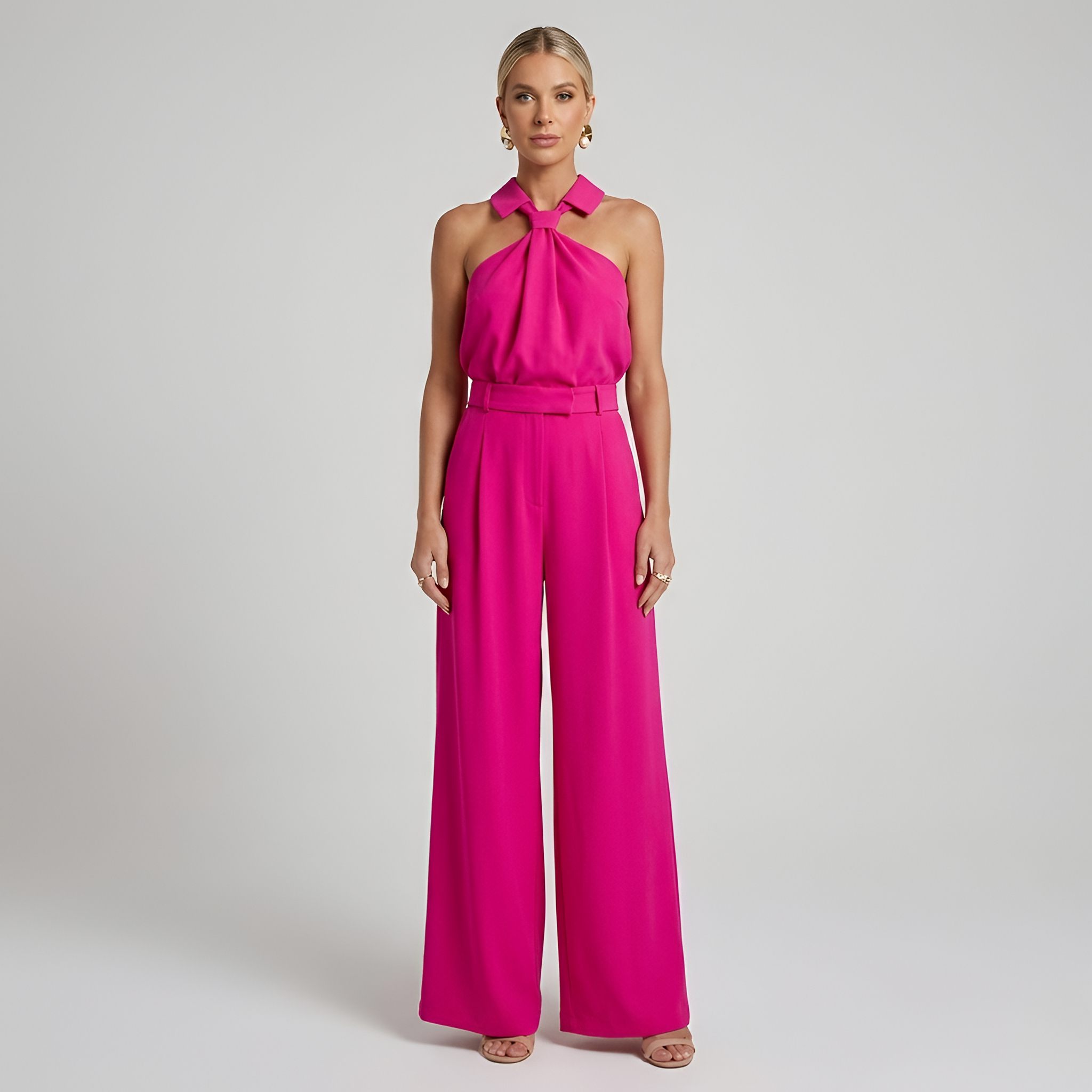 Women's Halter Neck Collared Twist Front Belted Wide Leg Jumpsuit — model wearing