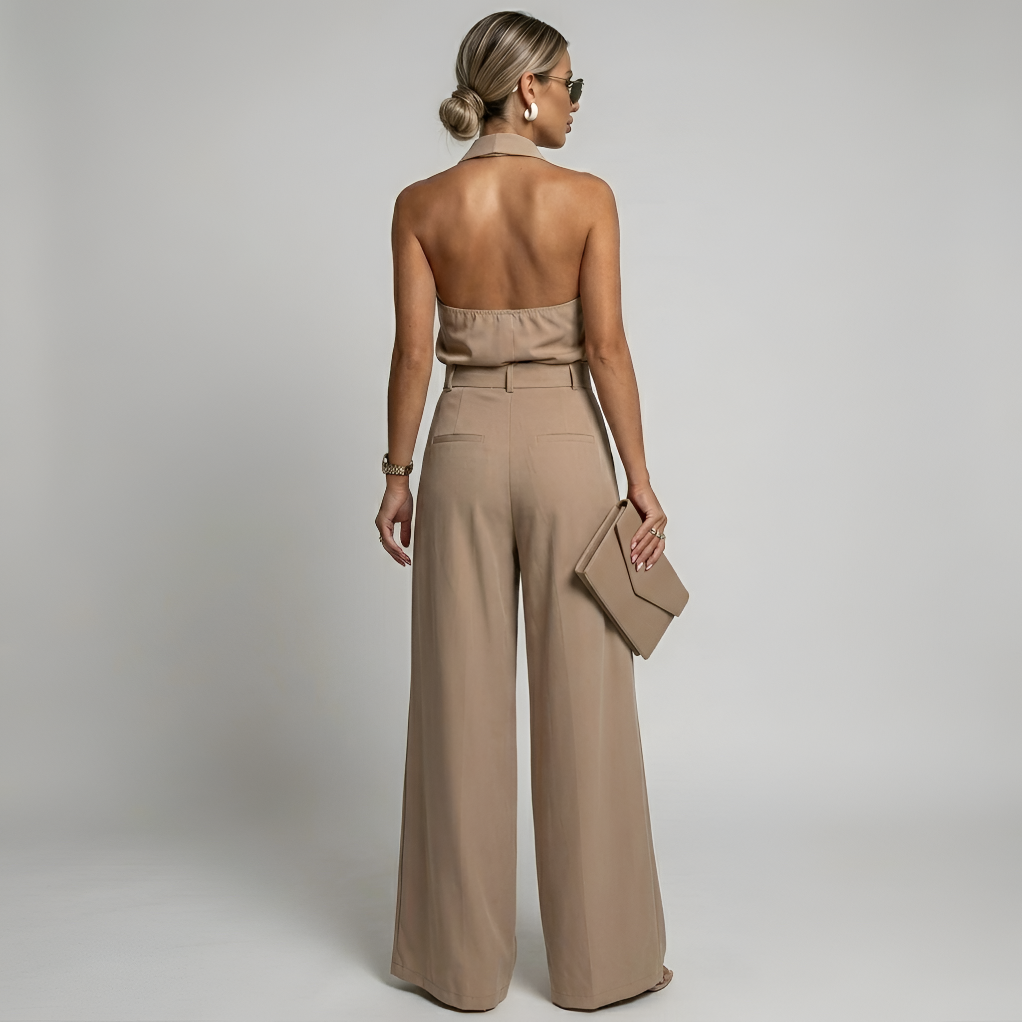 Women's Halter Neck Collared Twist Front Belted Wide Leg Jumpsuit — side view