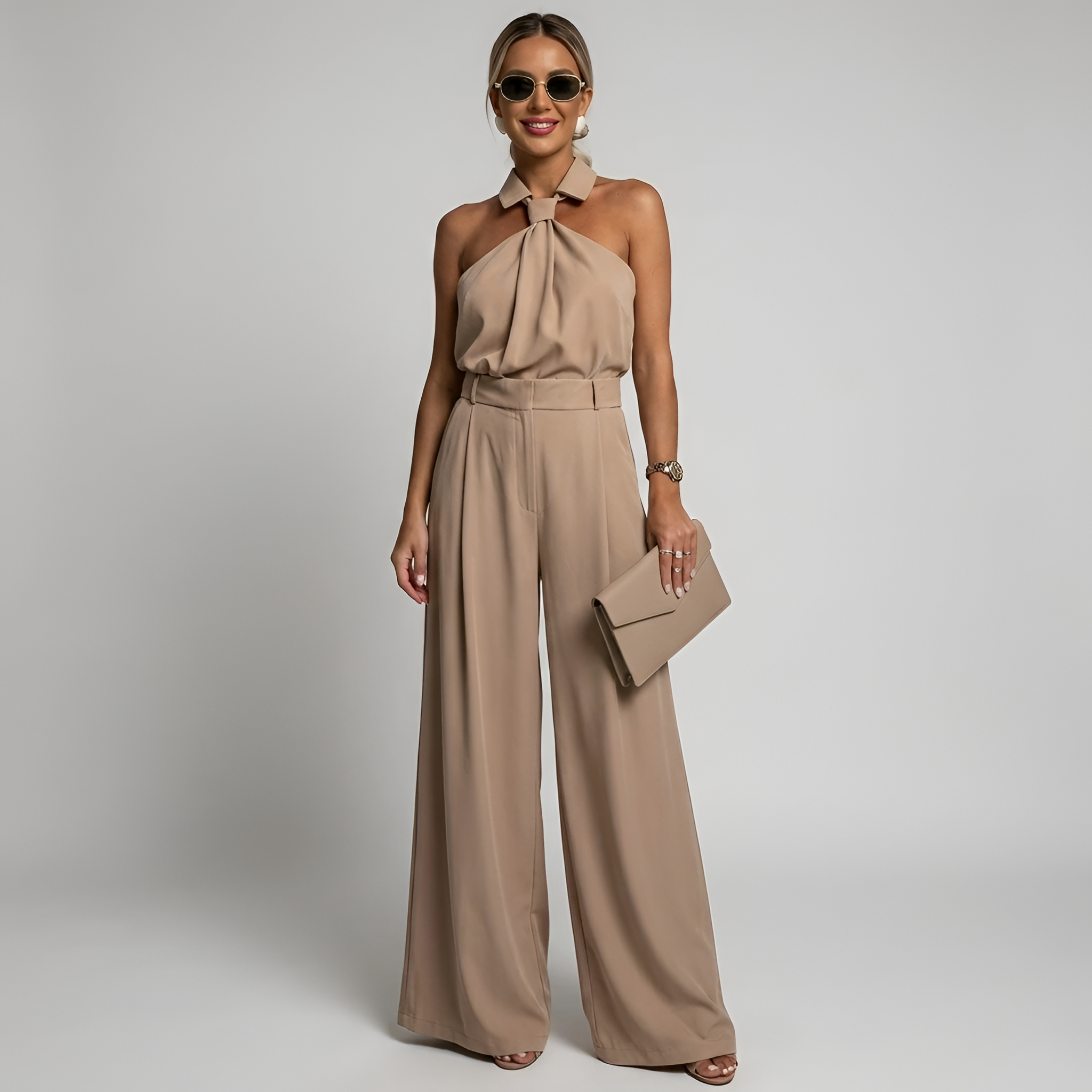 Women's Halter Neck Collared Twist Front Belted Wide Leg Jumpsuit