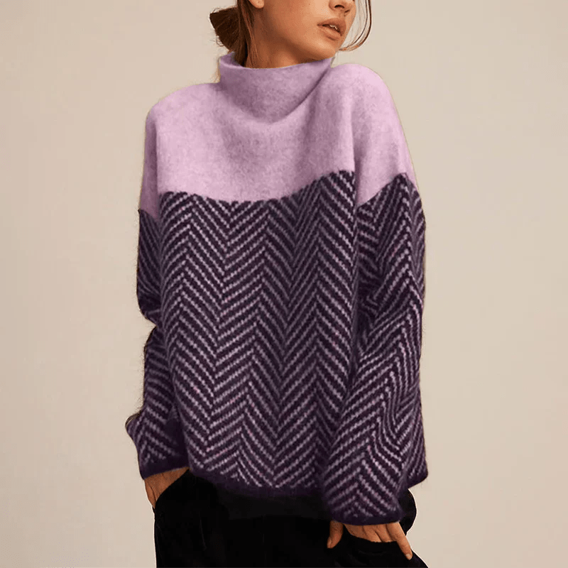 Women's High Neck Herringbone Jumper – Relaxed Fit Colour Block Knitted Pullover — detail view