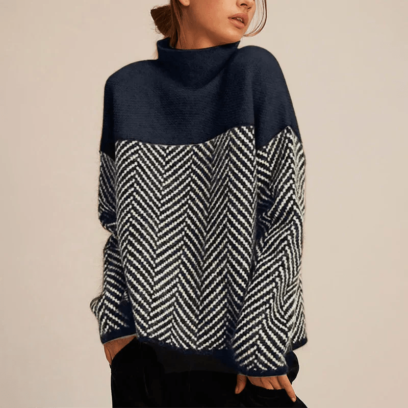 Women's High Neck Herringbone Jumper – Relaxed Fit Colour Block Knitted Pullover — side view