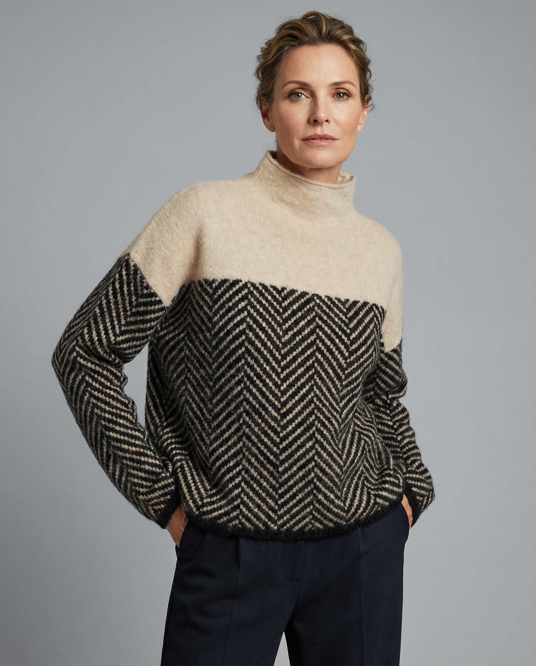 Women's High Neck Herringbone Jumper – Relaxed Fit Colour Block Knitted Pullover