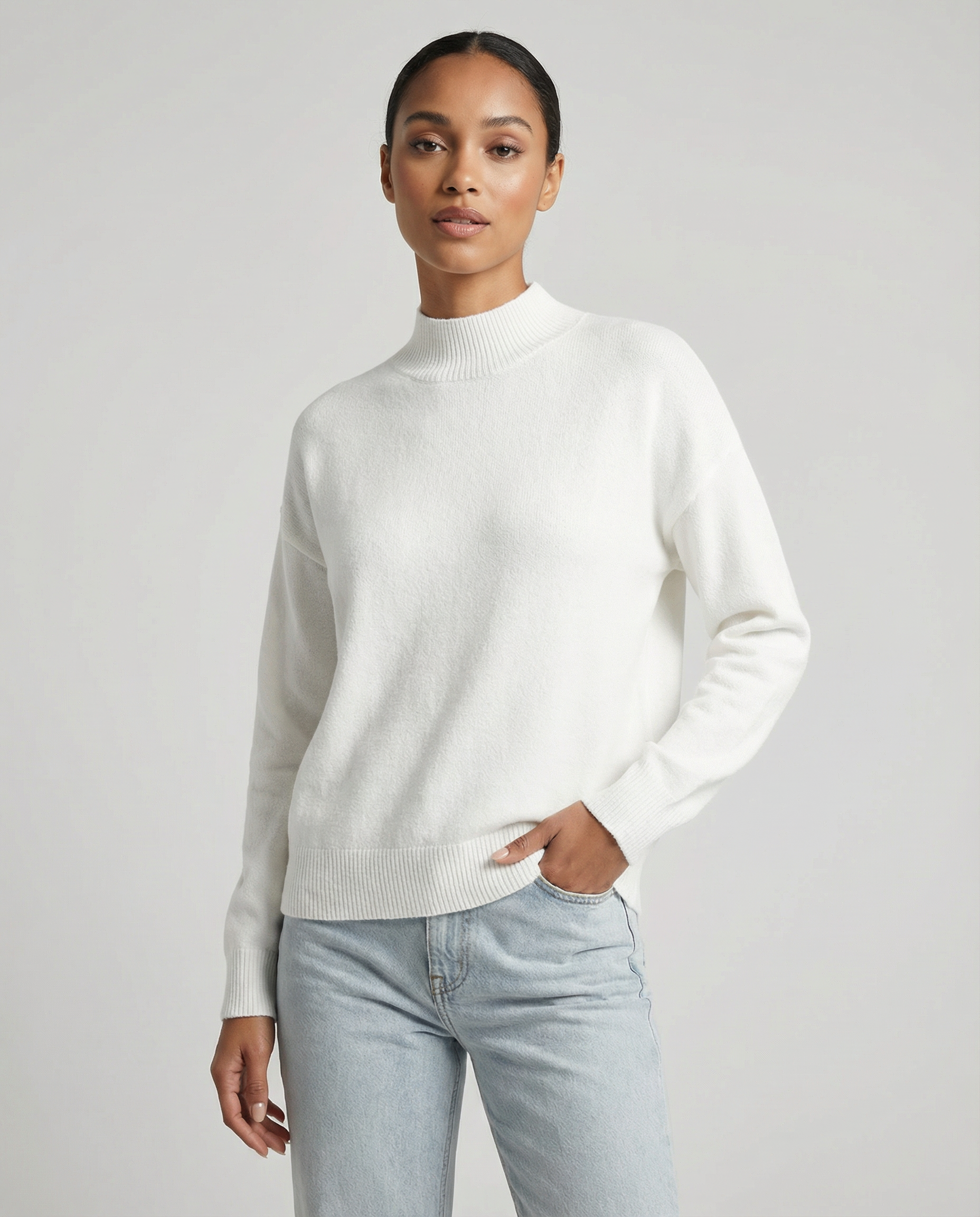 Women's High Neck Knitted Jumper – Relaxed Fit Mock Neck Pullover