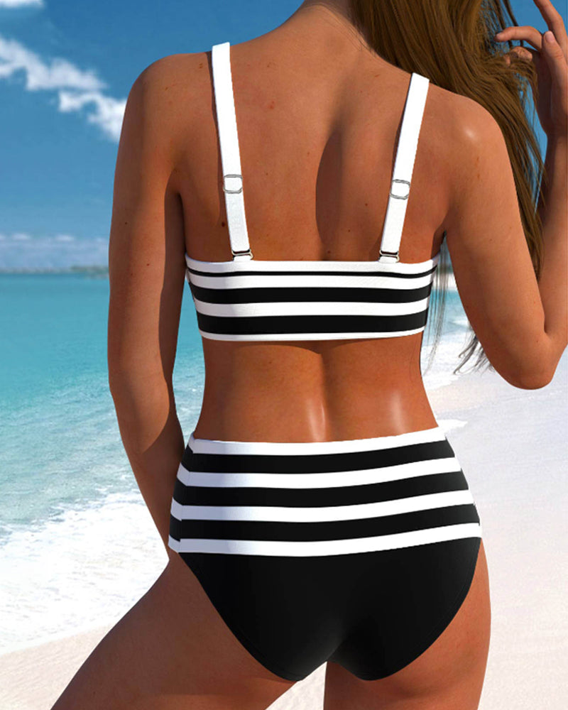 Women's High-Waist Striped Bikini Set with Supportive Top — back view
