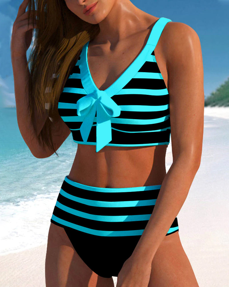 Women's High-Waist Striped Bikini Set with Supportive Top — side view