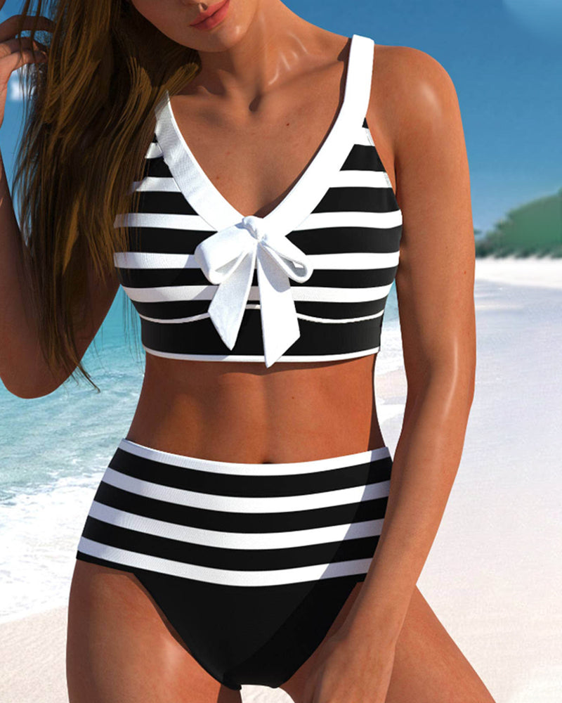 Women's High-Waist Striped Bikini Set with Supportive Top