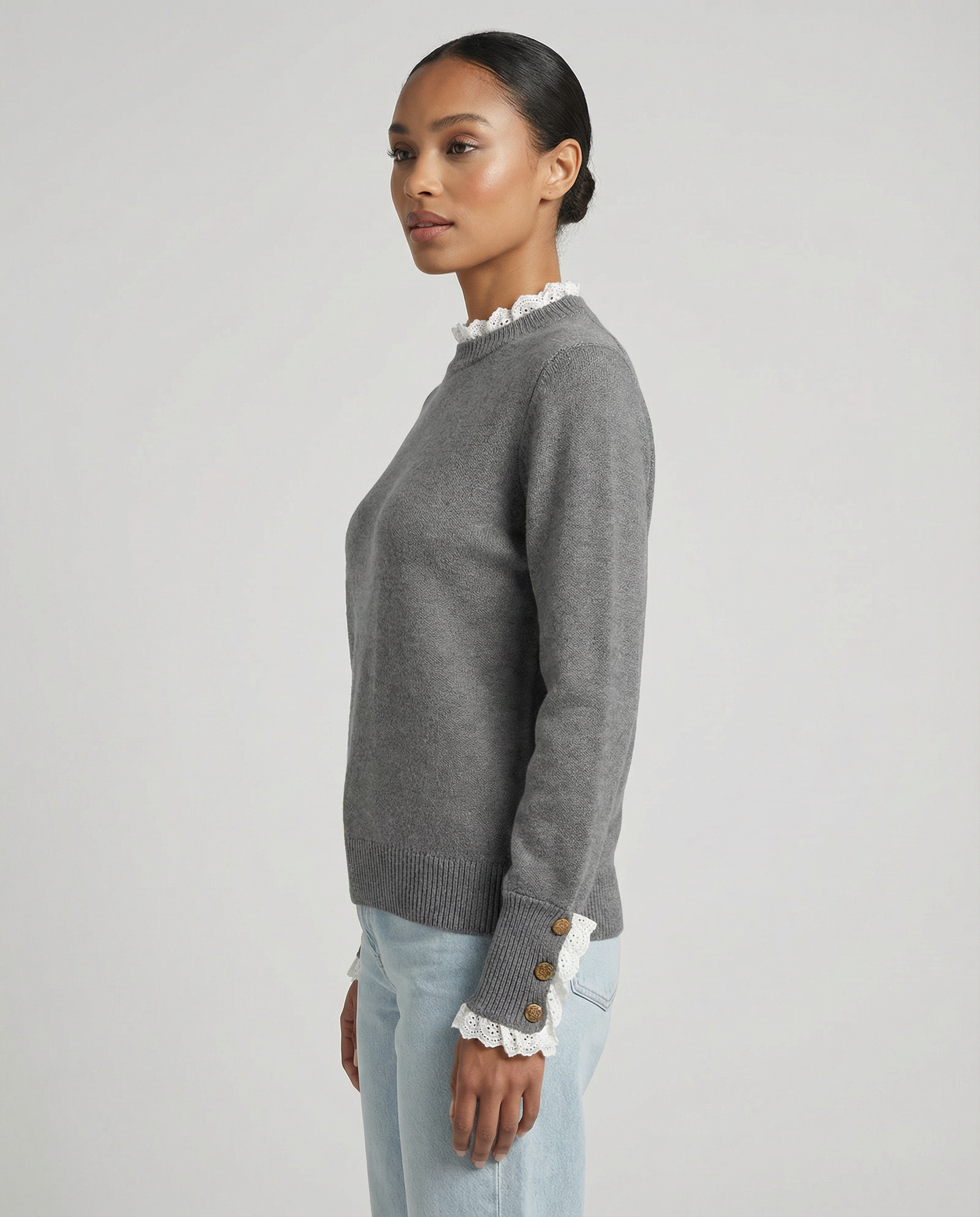 Womens Knit Jumper with Gold Button Cuff Detail - Round Neck — back view
