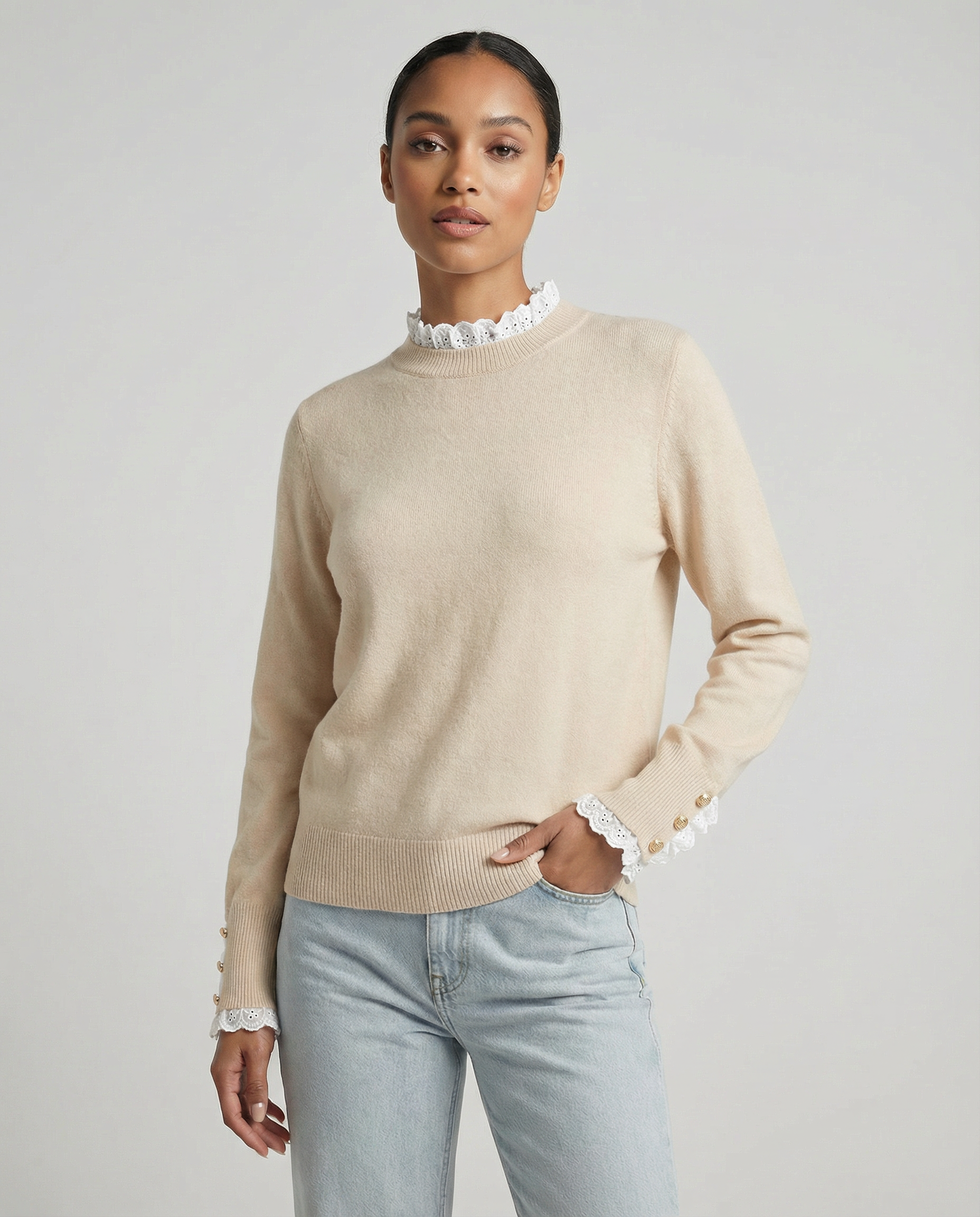 Womens Knit Jumper with Gold Button Cuff Detail - Round Neck — detail view