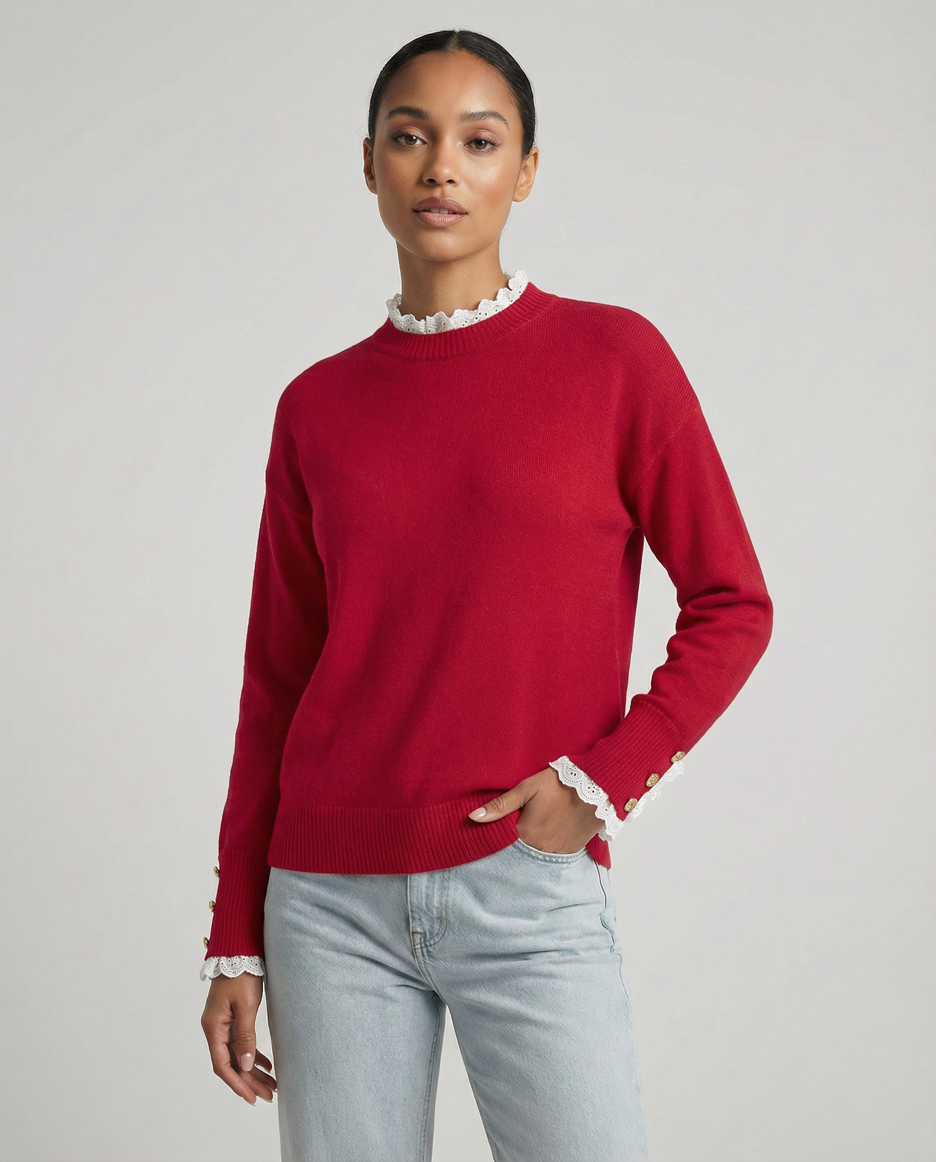 Womens Knit Jumper with Gold Button Cuff Detail - Round Neck — model wearing