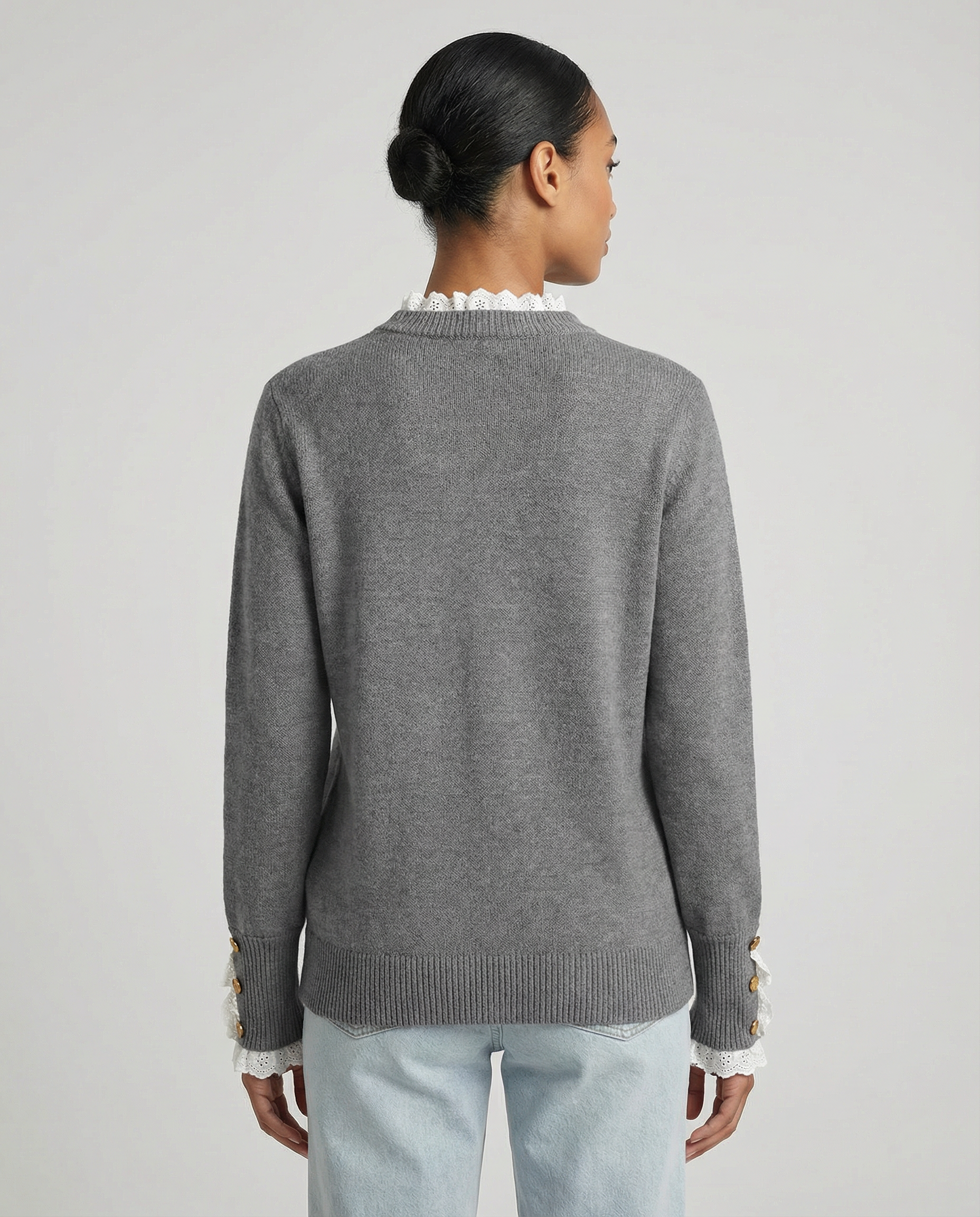 Womens Knit Jumper with Gold Button Cuff Detail - Round Neck — side view