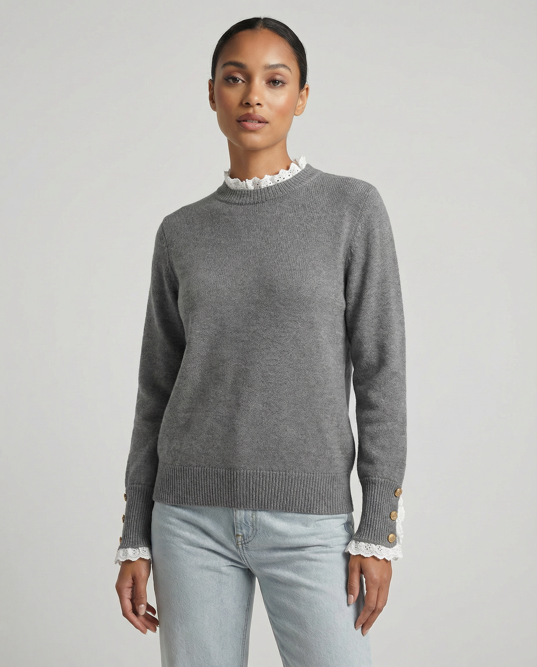Womens Knit Jumper with Gold Button Cuff Detail - Round Neck
