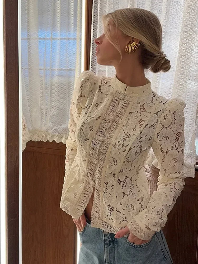 Women's Lace Blouse – Elegant Long Sleeve Design for Sophisticated Occasions — front close-up