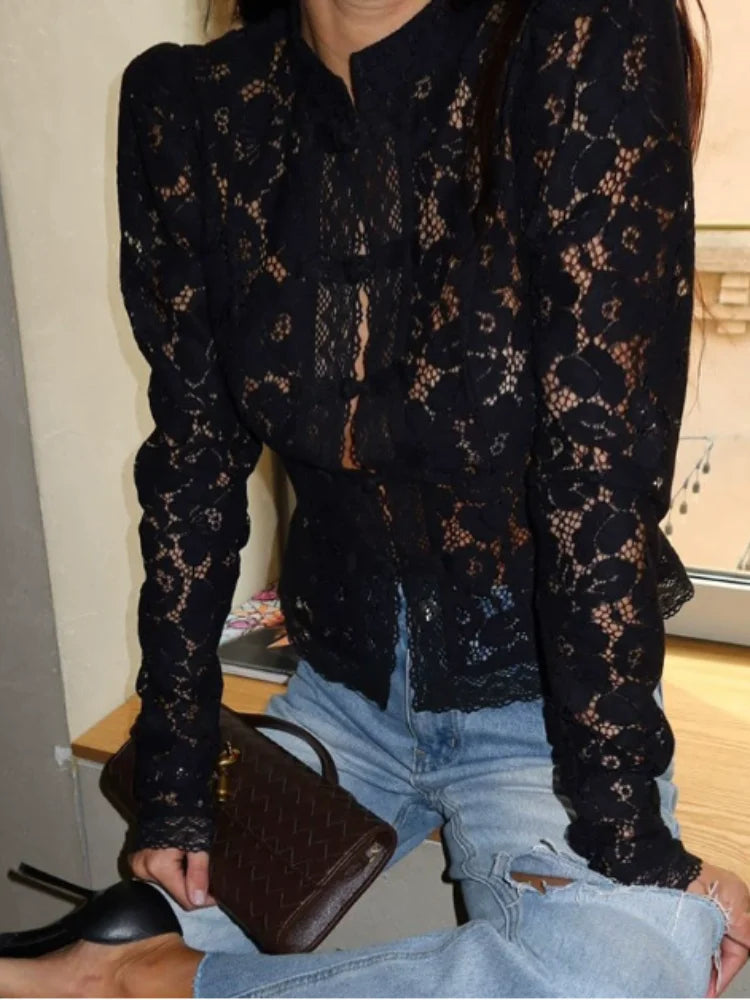 Women's Lace Blouse – Elegant Long Sleeve Design for Sophisticated Occasions — model wearing