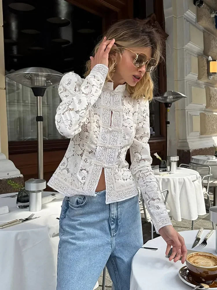 Women's Lace Blouse – Elegant Long Sleeve Design for Sophisticated Occasions — styling detail
