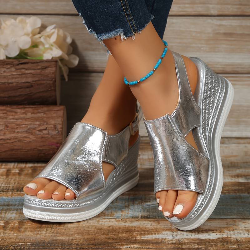Women's Metallic Cutout Peep Toe Wedge Platform Sandals