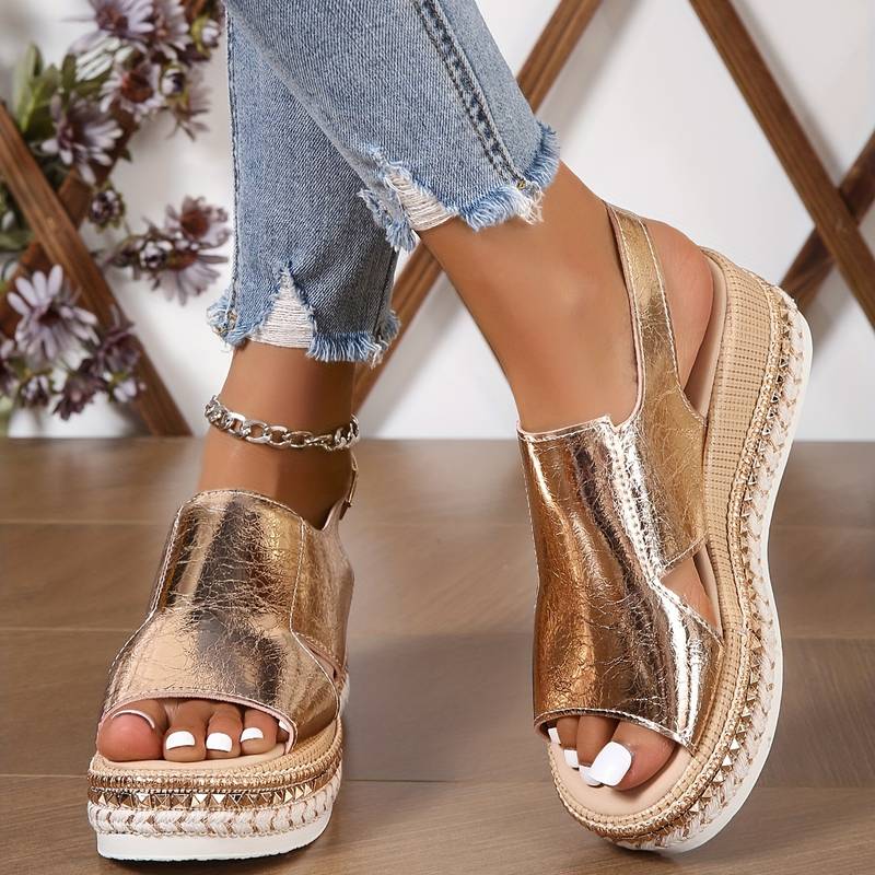 Women's Metallic Cutout Peep Toe Wedge Platform Sandals
