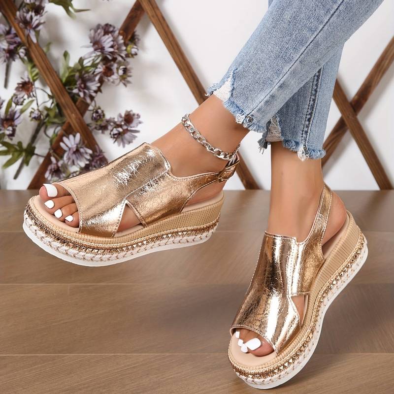Women's Metallic Cutout Peep Toe Wedge Platform Sandals