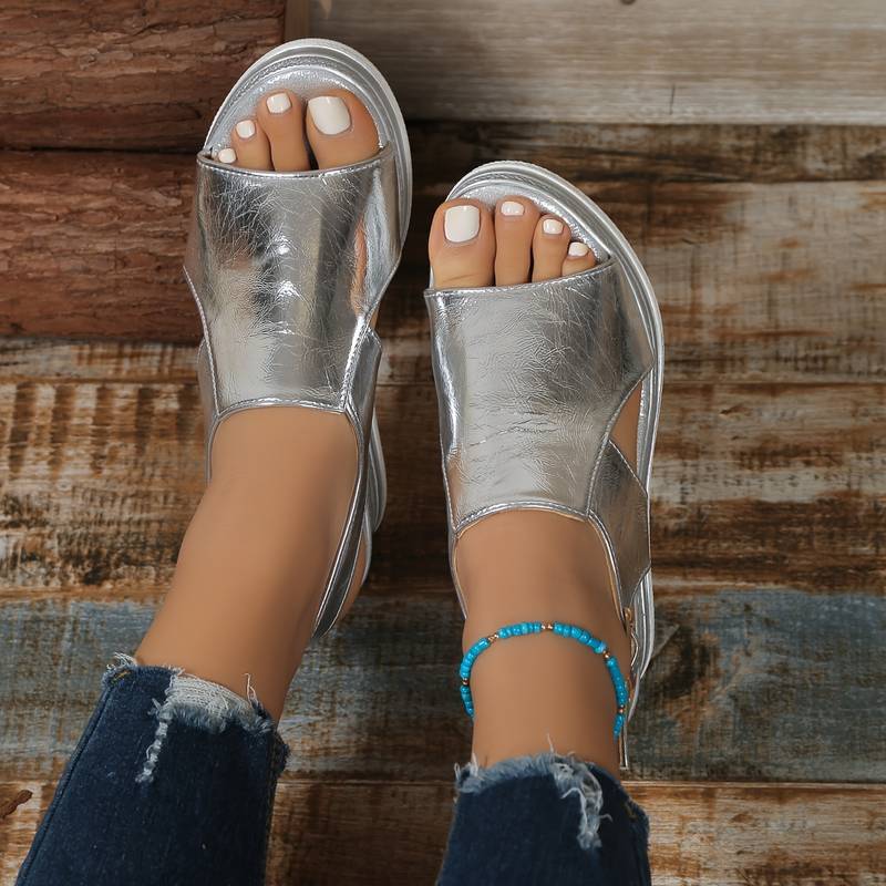 Women's Metallic Cutout Peep Toe Wedge Platform Sandals