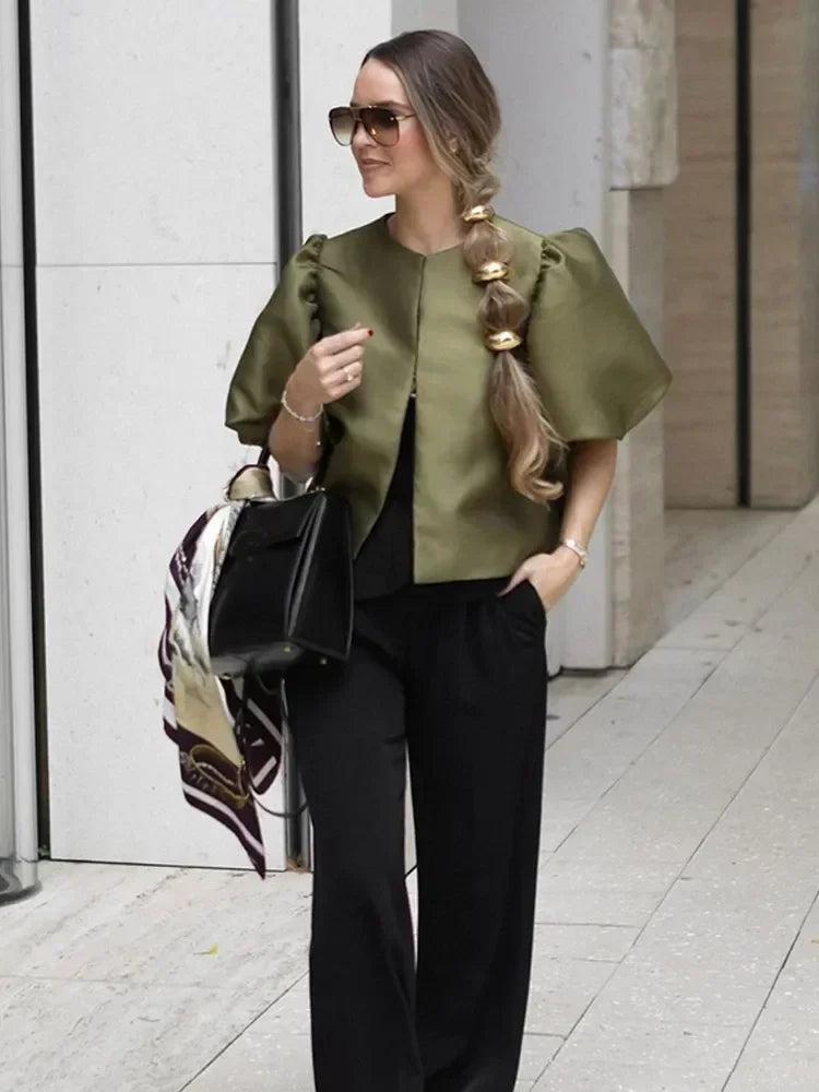Women's Puff Sleeve Blouse – Chic Structured Design for Effortless Elegance — fabric detail