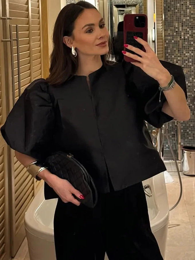 Women's Puff Sleeve Blouse – Chic Structured Design for Effortless Elegance — model wearing