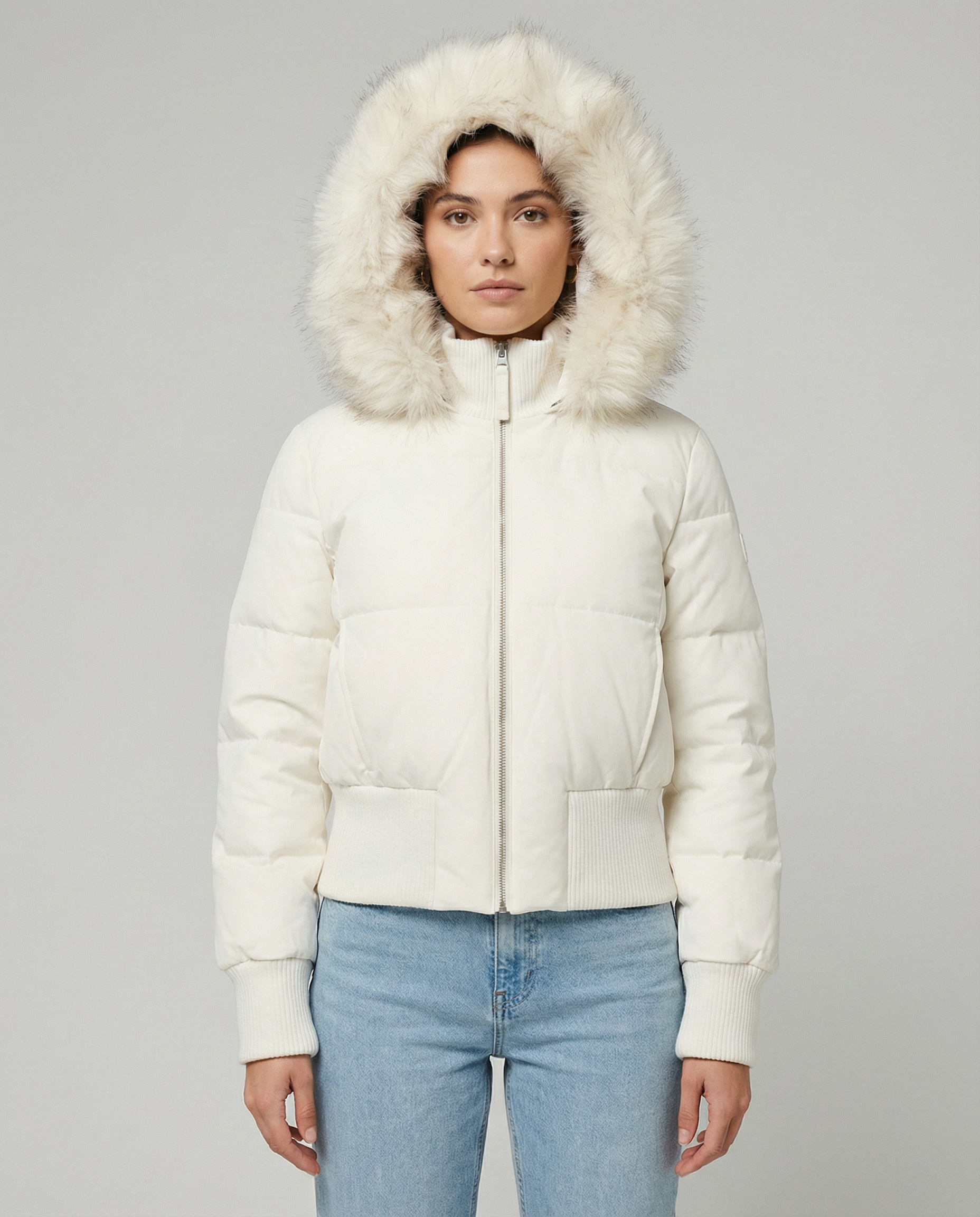Women's Quilted Puffer Jacket with Removable Faux Fur Hood — back view
