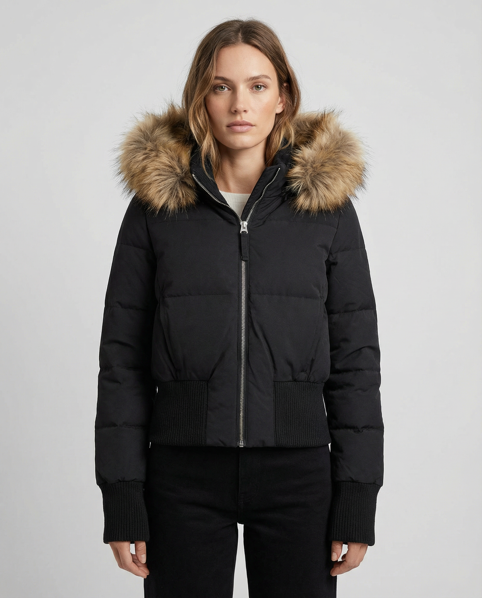 Women's Quilted Puffer Jacket with Removable Faux Fur Hood — close-up