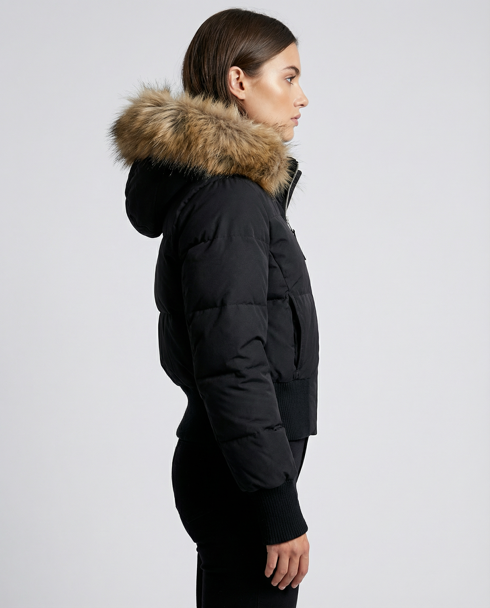 Women's Quilted Puffer Jacket with Removable Faux Fur Hood — detail view