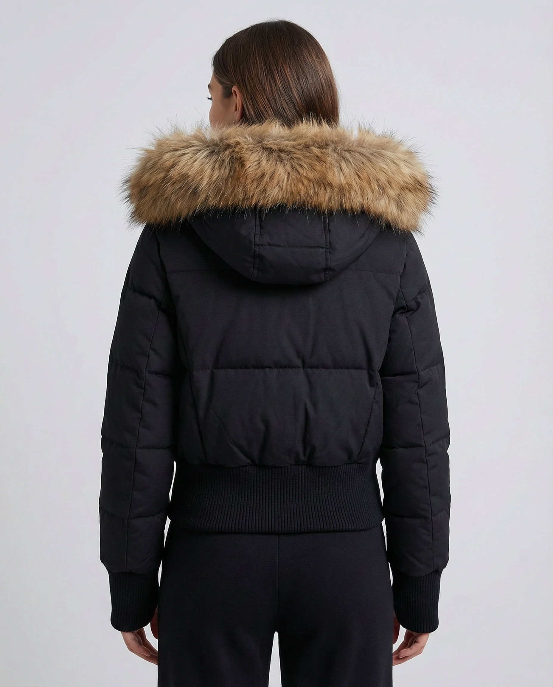 Women's Quilted Puffer Jacket with Removable Faux Fur Hood — model wearing