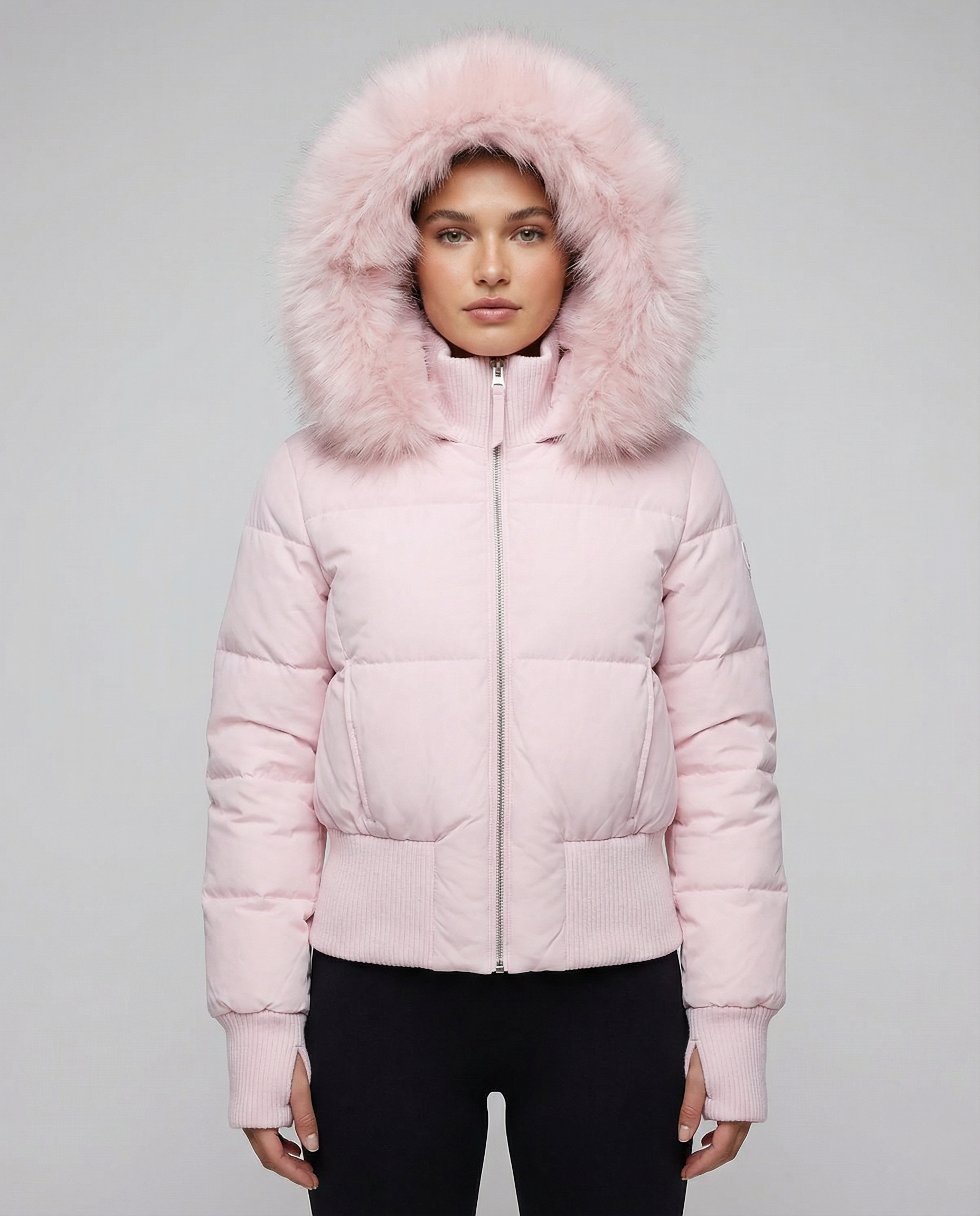 Women's Quilted Puffer Jacket with Removable Faux Fur Hood — side view