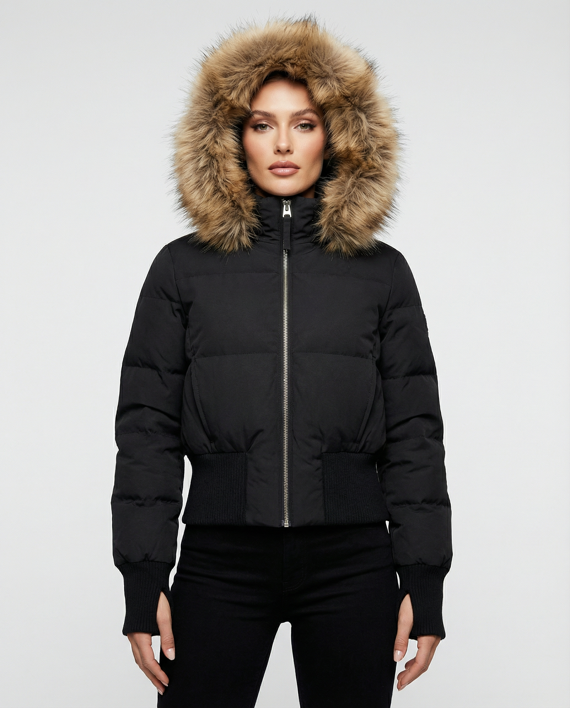 Women's Quilted Puffer Jacket with Removable Faux Fur Hood