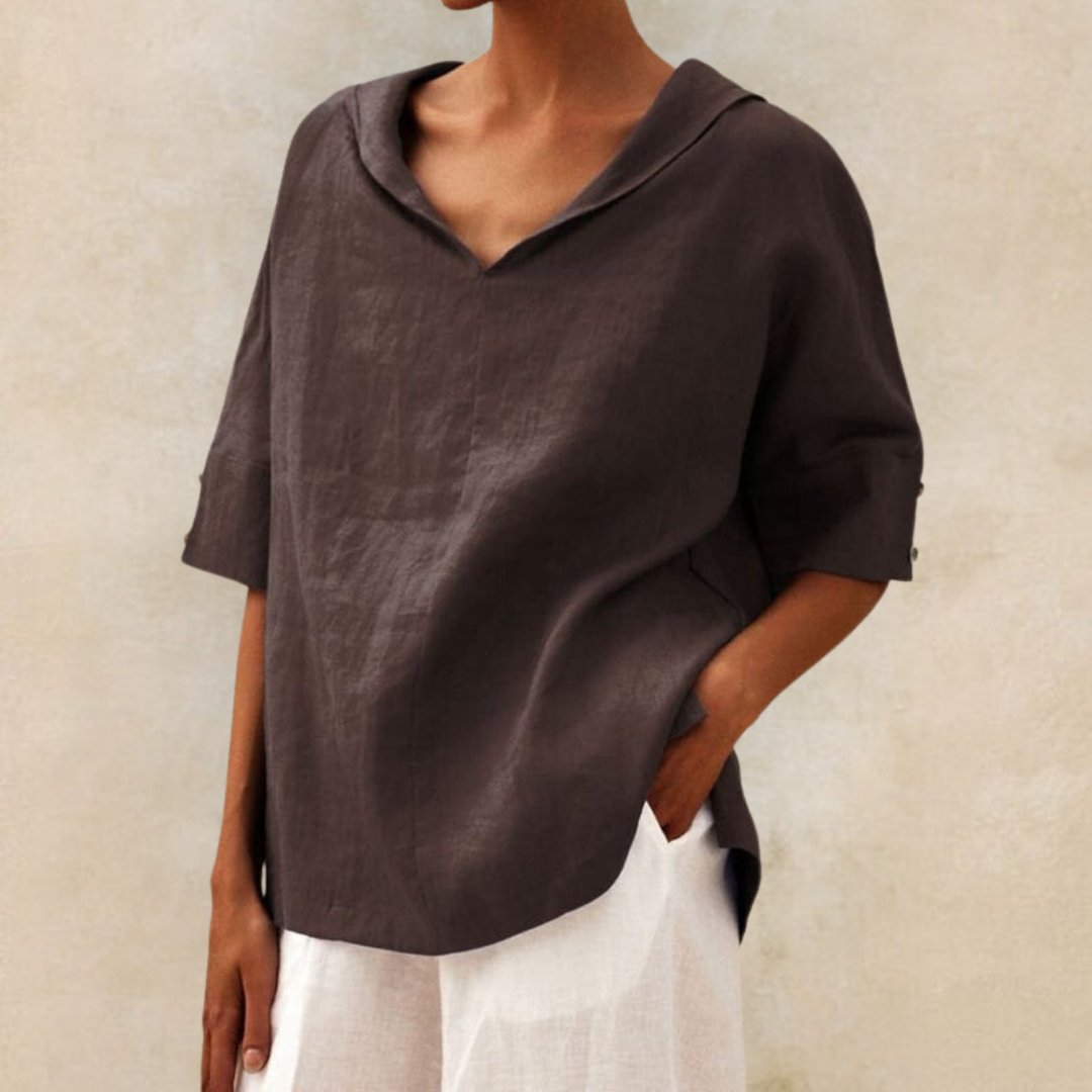 Women's Relaxed Blouse – Breathable V-Neck Linen Top for Effortless Everyday Elegance — close-up