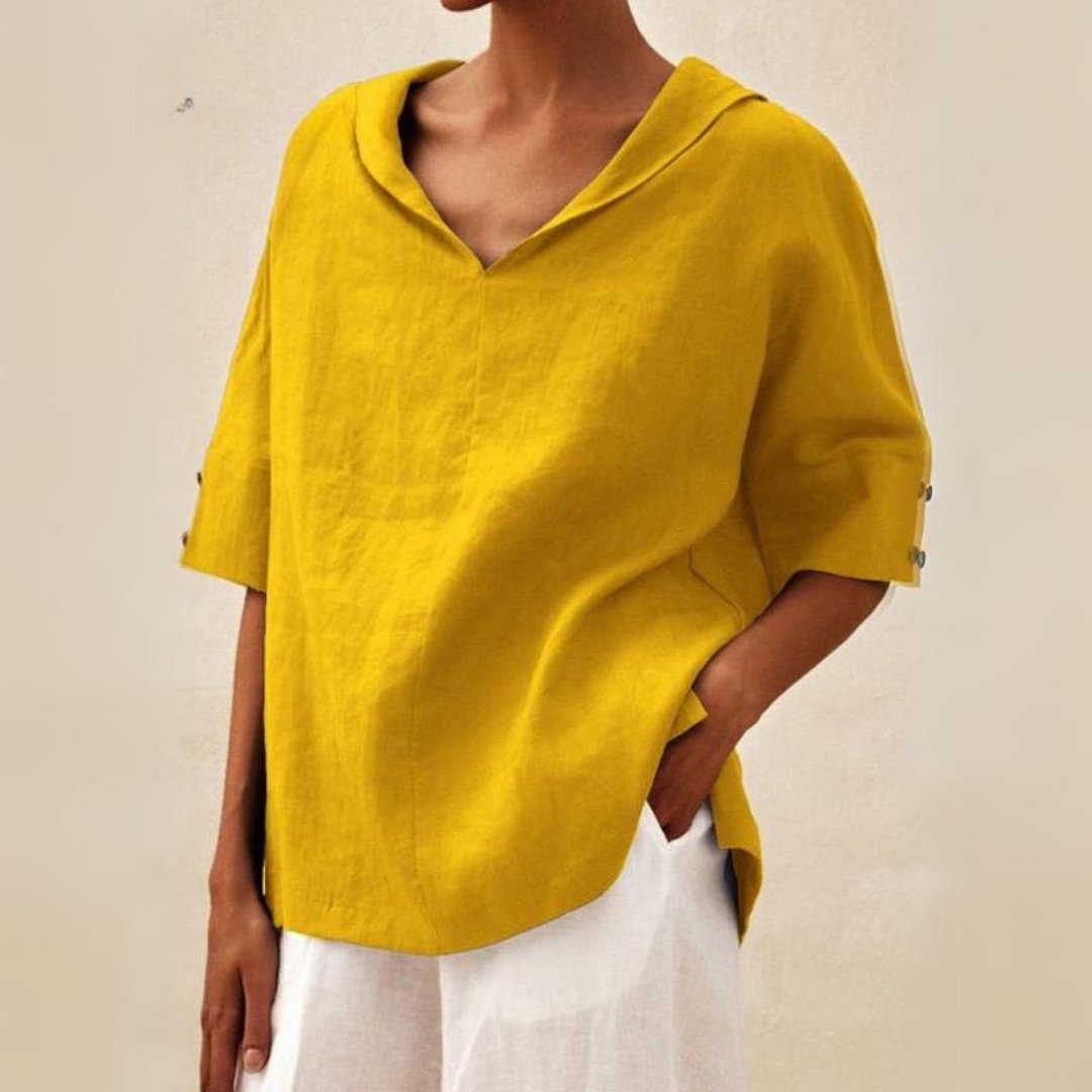 Women's Relaxed Blouse – Breathable V-Neck Linen Top for Effortless Everyday Elegance — model wearing
