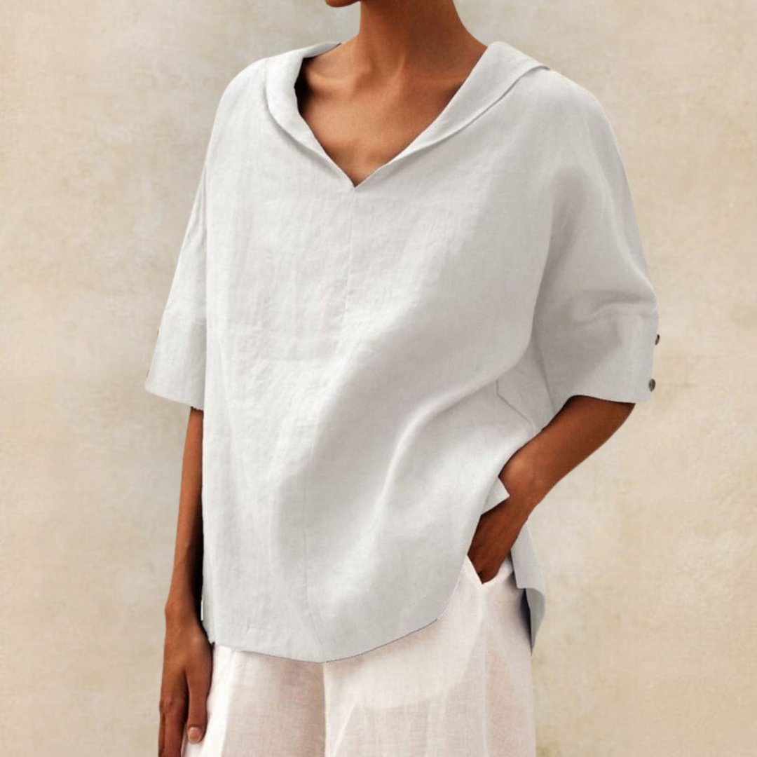 Women's Relaxed Blouse – Breathable V-Neck Linen Top for Effortless Everyday Elegance — styling detail