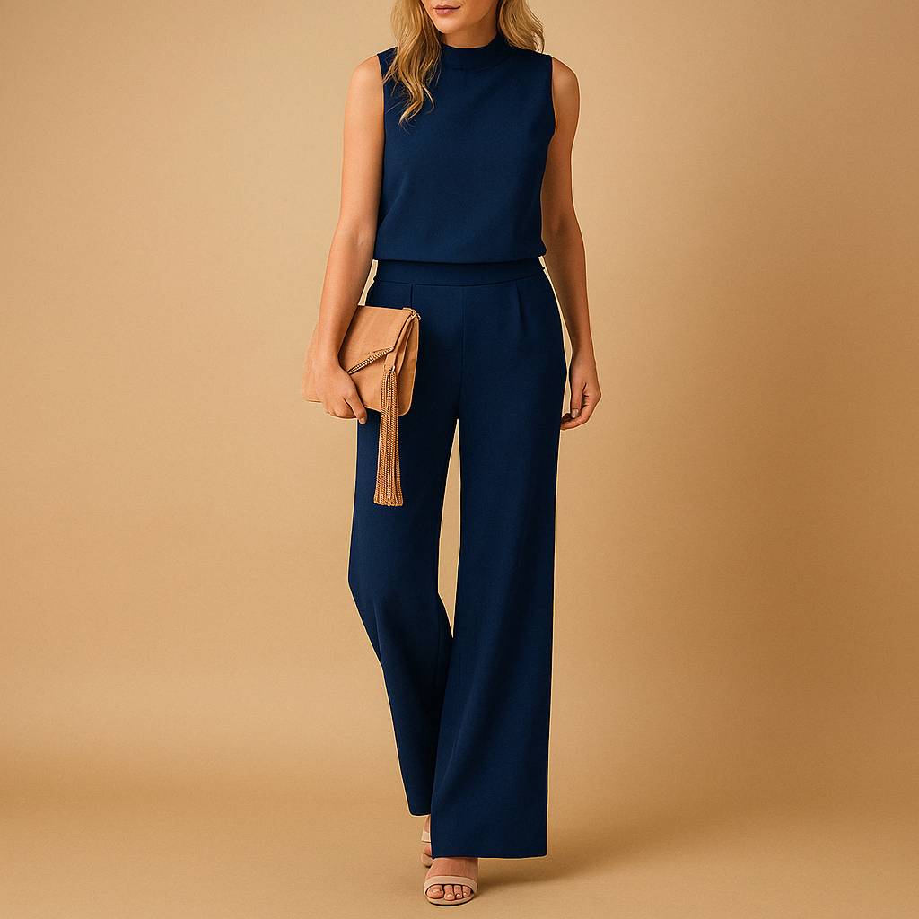 Women's Round Neck Mid Waist Wide Leg Elegant Jumpsuit — back view