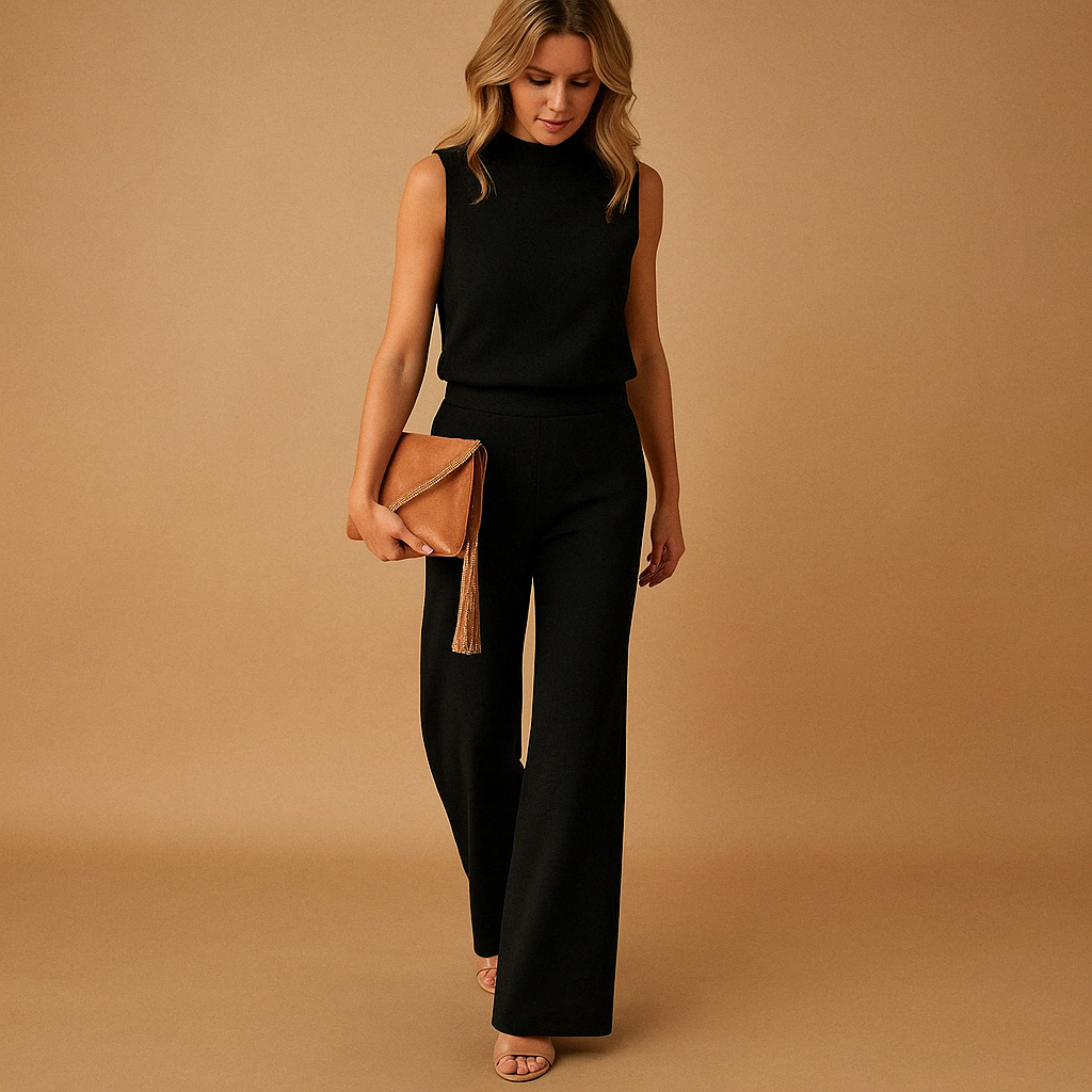 Women's Round Neck Mid Waist Wide Leg Elegant Jumpsuit — detail view