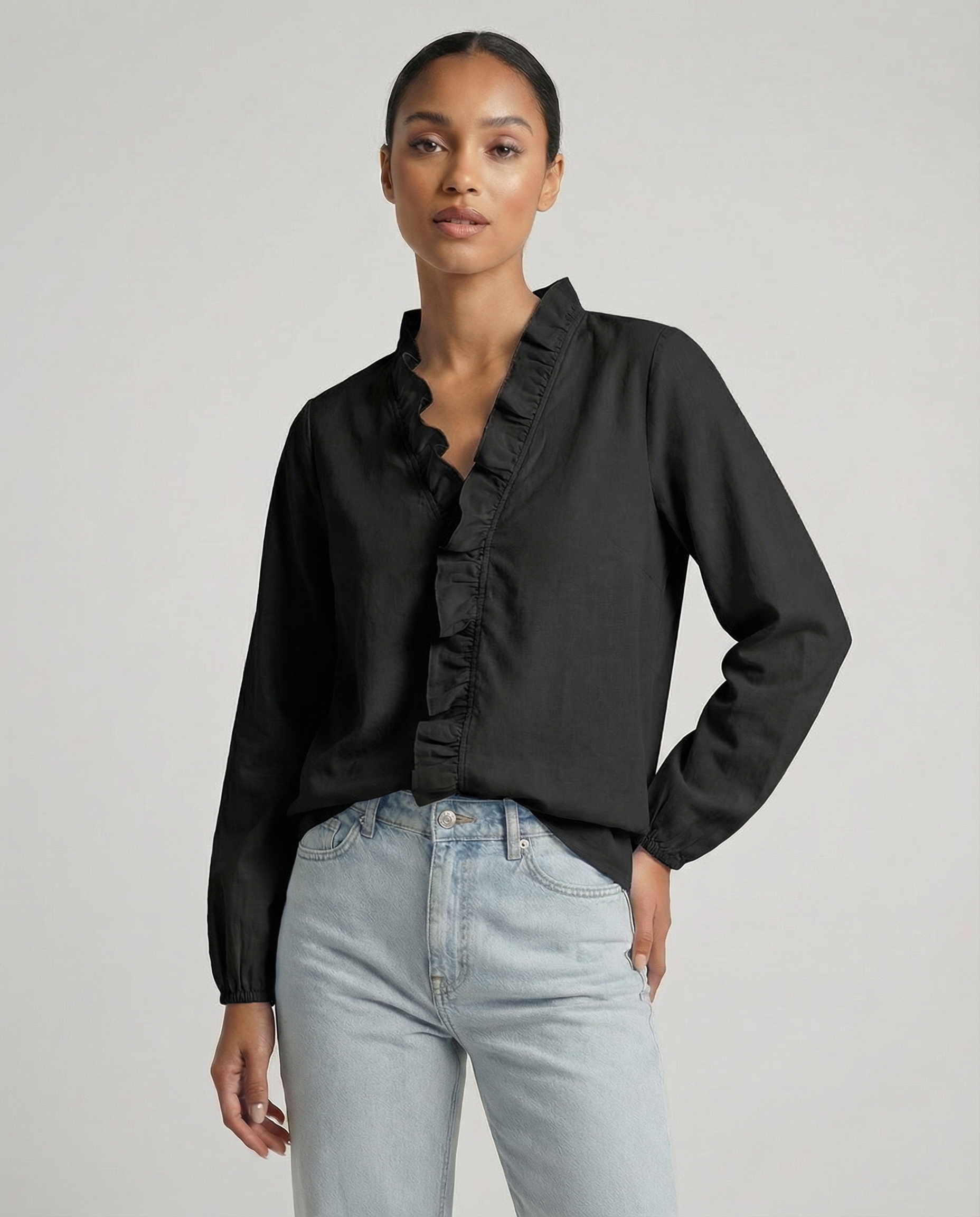 Women's Ruffle Blouse – Elegant V-Neck Design for Effortless Everyday Style — close-up