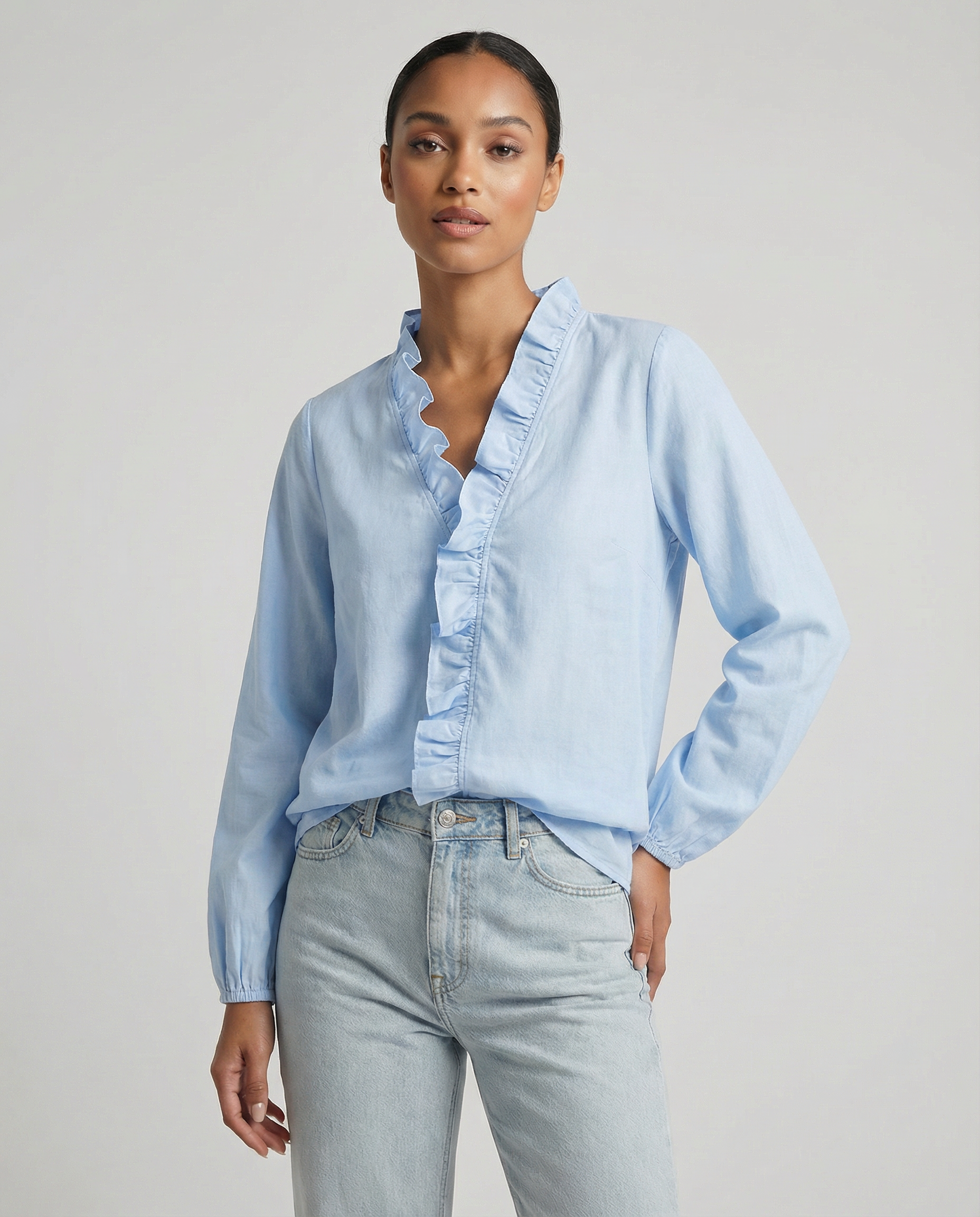 Women's Ruffle Blouse – Elegant V-Neck Design for Effortless Everyday Style — detail view