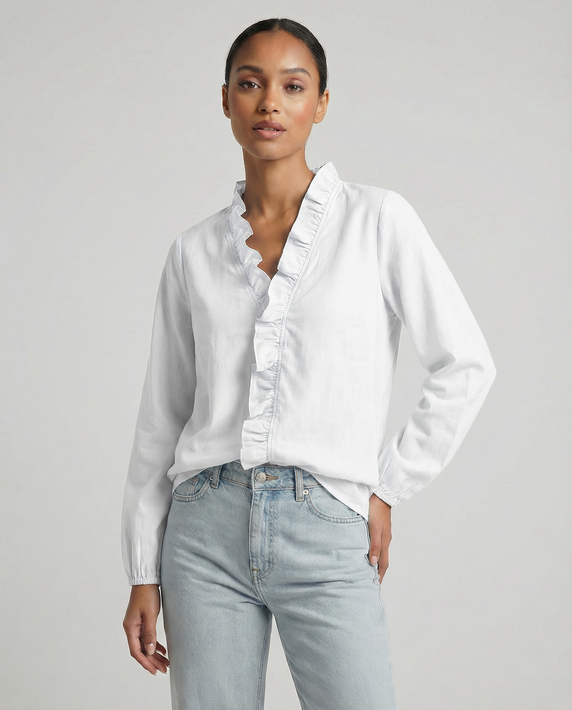 Women's Ruffle Blouse – Elegant V-Neck Design for Effortless Everyday Style — model wearing